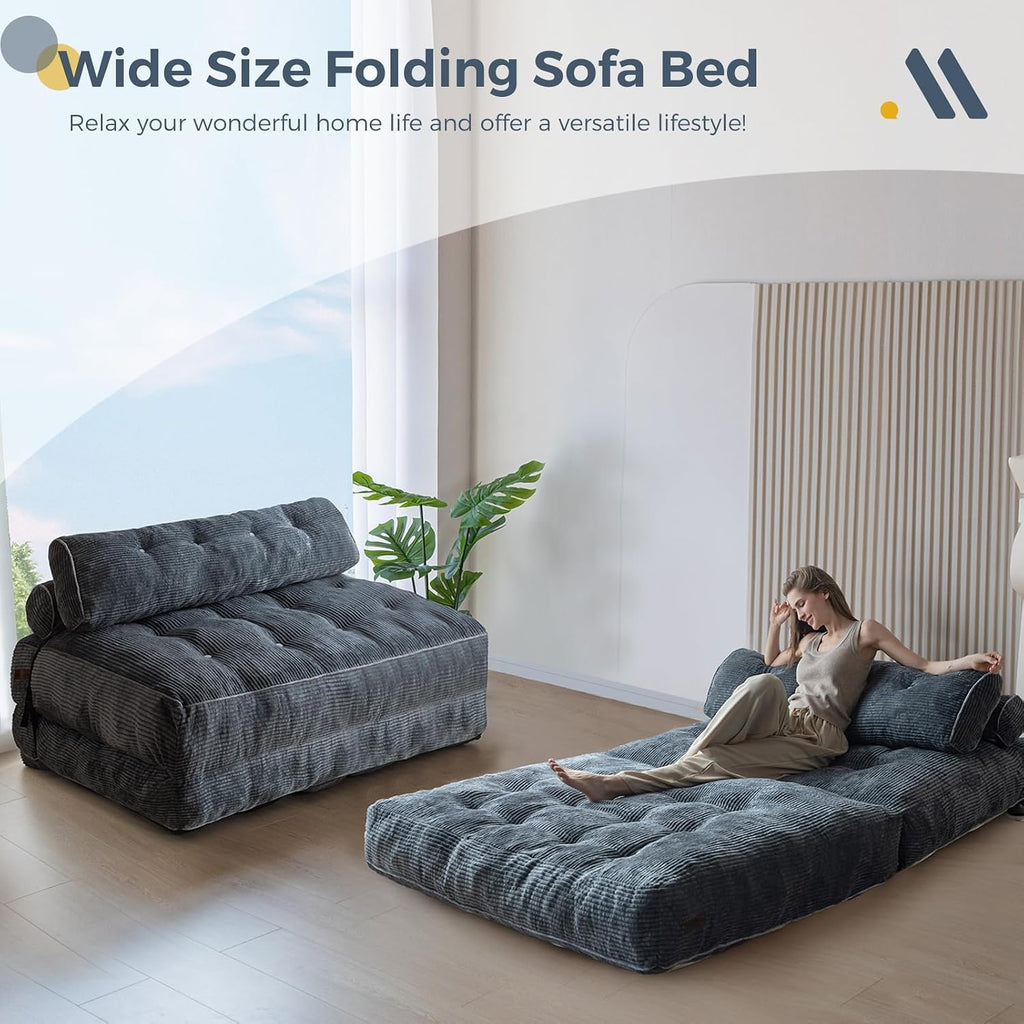 MAXYOYO Folding Sofa Bed, Convertible Sleeper Chair with Pilow Foldable Mattress with Back Support, Portable Fold Out Chair Bed Comfy Floor Sofa Lounge for Living Room Bedroom, Dark Grey, Double