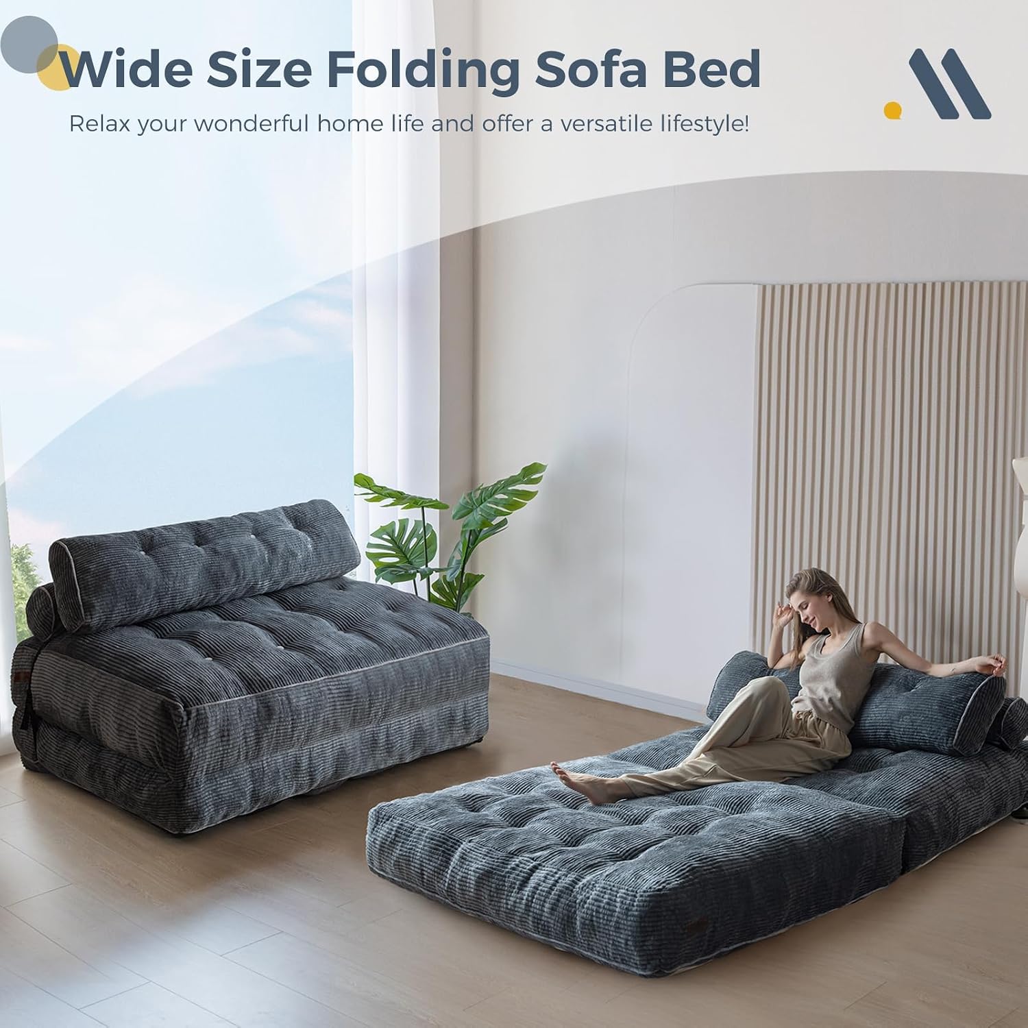 MAXYOYO Folding Sofa Bed, Convertible Sleeper Chair with Pilow Foldable Mattress with Back Support, Portable Fold Out Chair Bed Comfy Floor Sofa Lounge for Living Room Bedroom, Dark Grey, Double