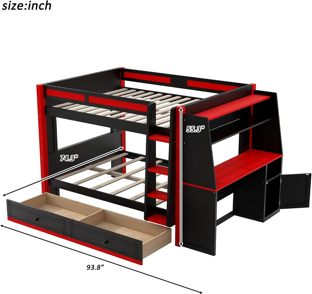 Full Size Multifunctional Bunk Bed with LED Light, Desk and Bookshelves, Drawers, Space-Saving Wooden Bunk Bed for Kids & Teens