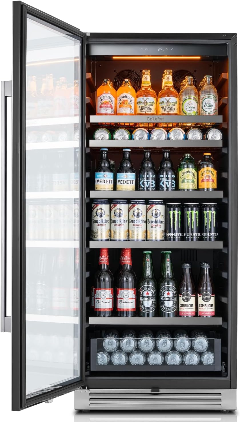 Ca'Lefort Beverage Refrigerator 24 Inch, 238 Cans Tall Fridge with Double Glass Door, Built-in or Freestanding Drink Cooler with Amber LED Light, Beverage Fridge for Kitchen Bar Office(Left-Hinged)