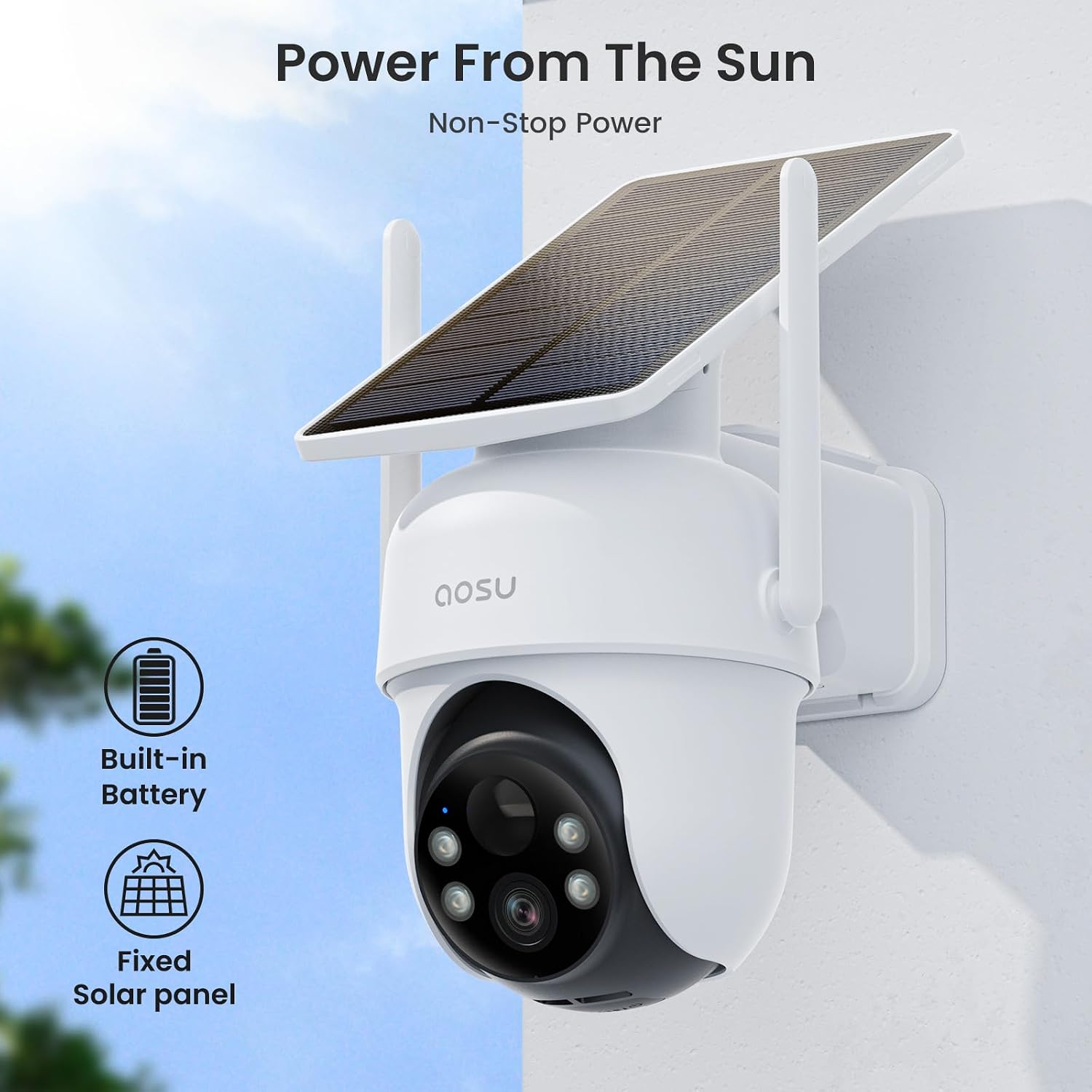 AOSU Solar Security Cameras Outdoor Wireless, 4 Cam-Kit, No Subscription & AOSU 360° Indoor Security Camera, Baby Monitor