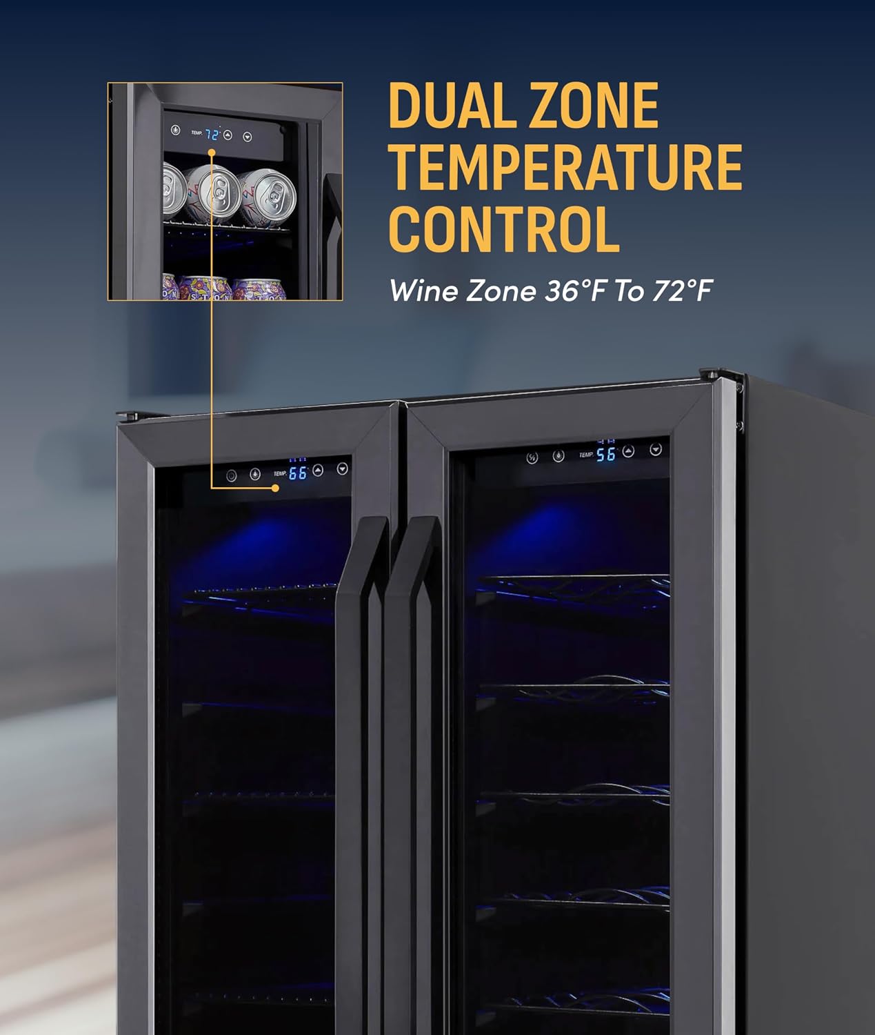 NewAir 24' Dual Zone Beverage Refrigerator & Wine Cooler for 18 Bottles & 58 Cans | Freestanding or Built-In Under Counter Mini Fridge for Beer, Wine and Soda | Black Stainless Steel