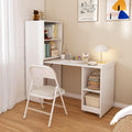 KEIKI Home Office Stretchable Desks with Storage Shelves and Mobile Wheels, Modern Wood Foldable Desk Gaming Computer Corner Table for Apartments Work, Study, Writing, White