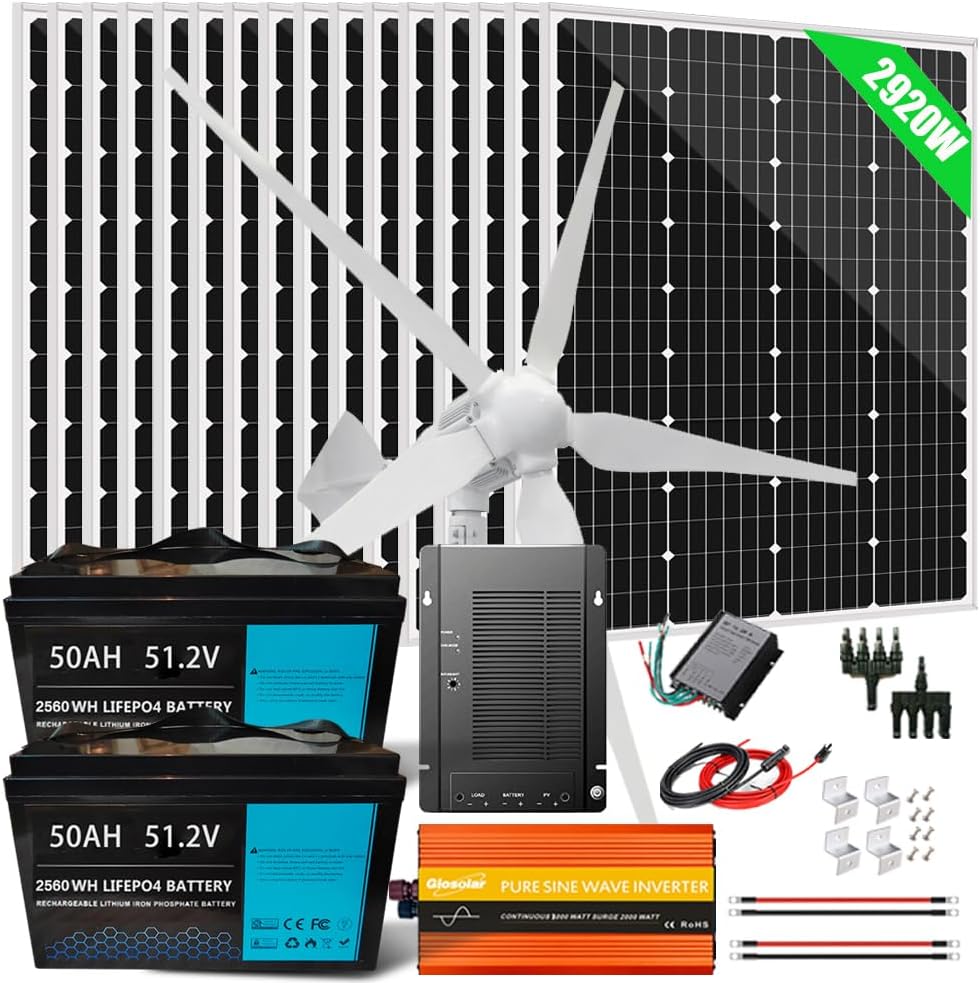 2920W 48V Complete Solar Wind Kit with Battery and Inverter: 1000W Wind Turbine Generator + 16PCS 120W Solar Panels + 2PCS 2560WH 51.2V Lithium Battery + MPPT Controller + 3KW Inverter +Accessory