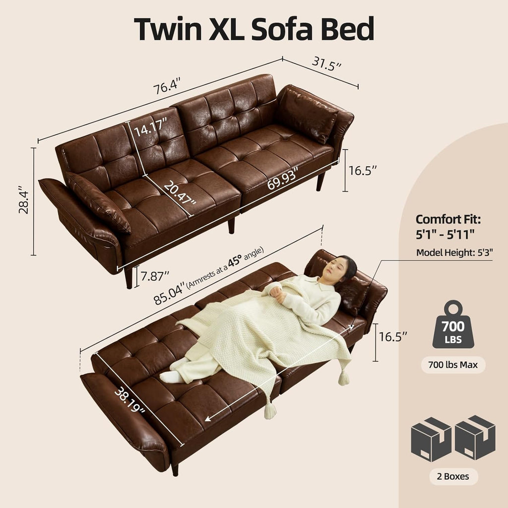 HALLYBEE Futon Sofa Bed, Sleeper Sofa, Small Couch with Storage Adjustable Armrests Pillows, Faux Leather Loveseat, Mid Century Modern Couches for Living Room, Bedroom, Apartment, Red Brown