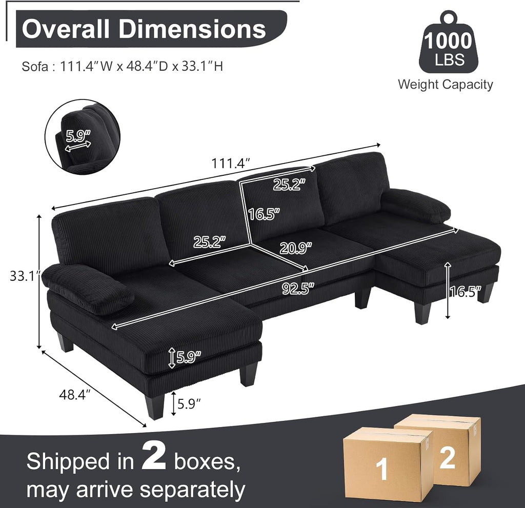 Karl home 111' Sectional Sofa U-Shaped 4-Seat Couch with Chaises Wood Grian Legs Corduroy Fabric Upholstered for Living Room, Apartment, Office, Black