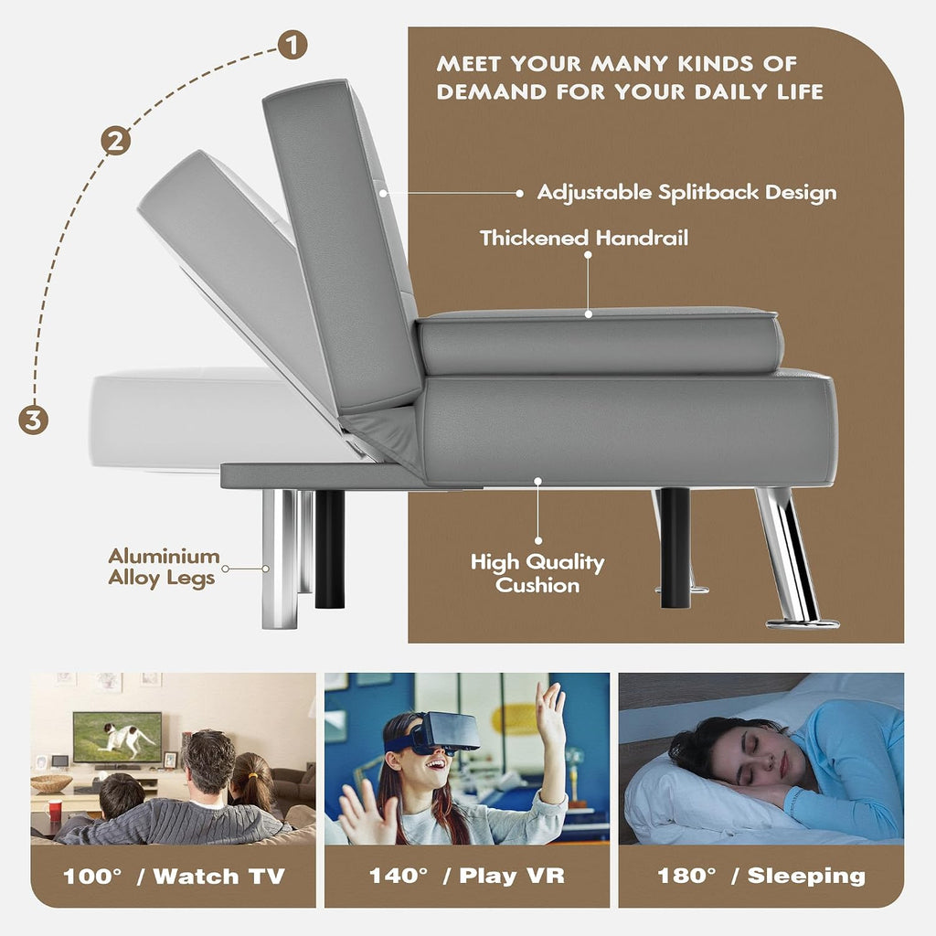 Homall Futon Sofa Bed, Leather Futon Couch with Removable Armrests, Adjustable Recliner Sleeper Sofa Bed with Dual Cup Holders for Living Room, Apartment, Office (Gray)