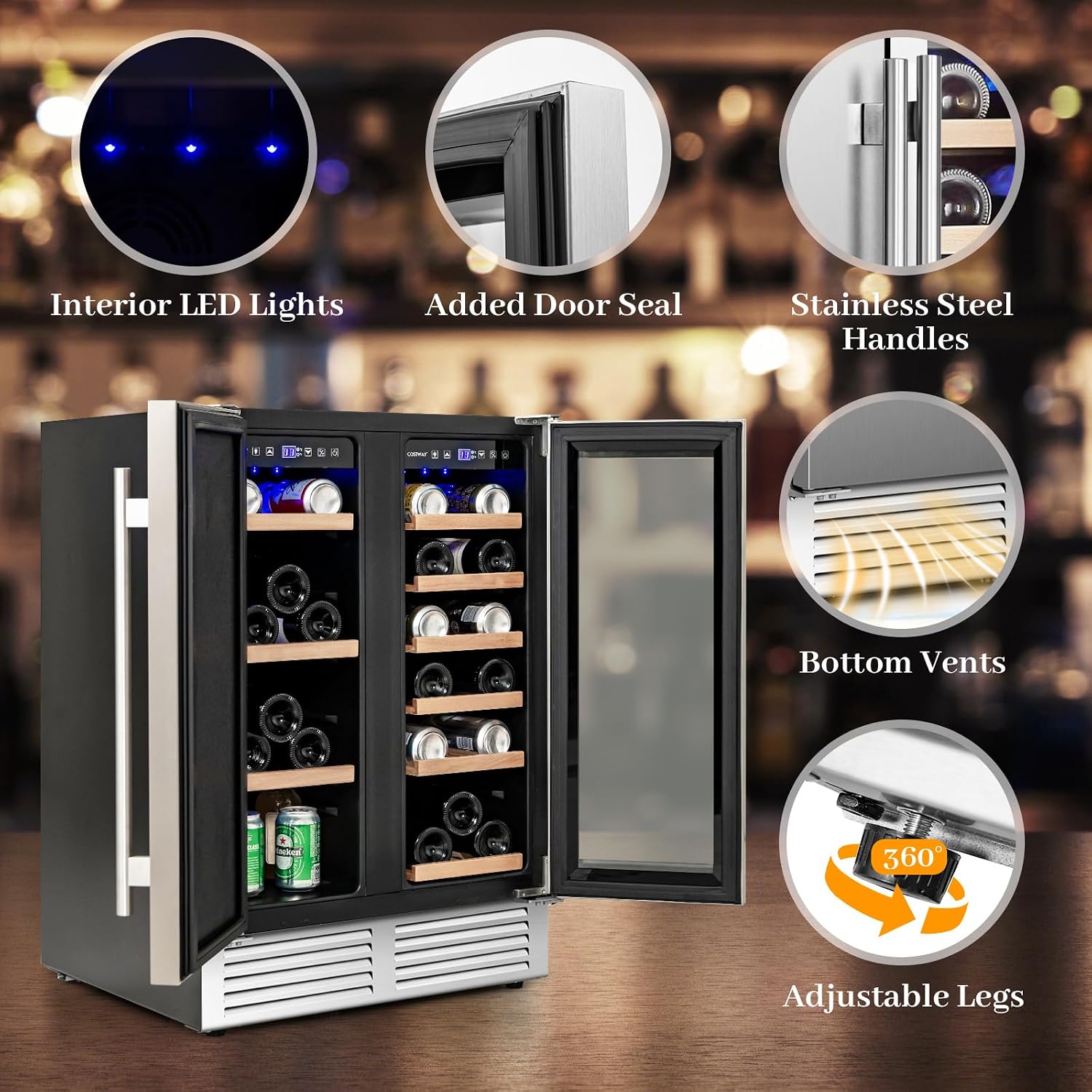 COSTWAY Wine and Beverage Refrigerator, 24 Inch Dual Zone Under Counter Wine Beverage Cooler with Lock, Stainless Steel Door, Built-in & Freestanding Wine Fridge Holds 19 Bottles and 57 Cans
