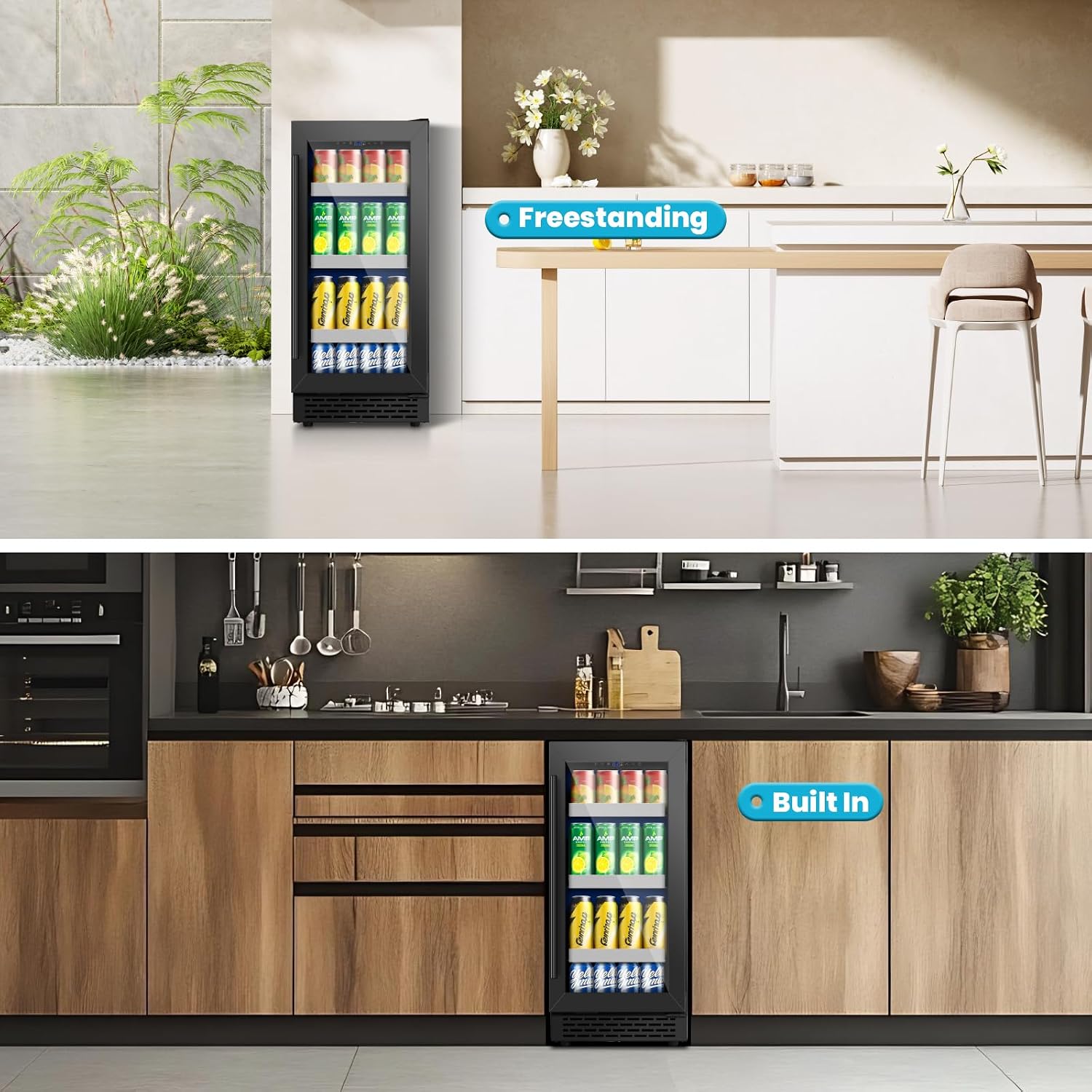 15 Inch Black Beverage Refrigerator, 130 Cans Beverage Cooler Under Counter,Freestanding 37-65°F Mini Beverage Fridge with Glass Door& Stainless Steel Shelves