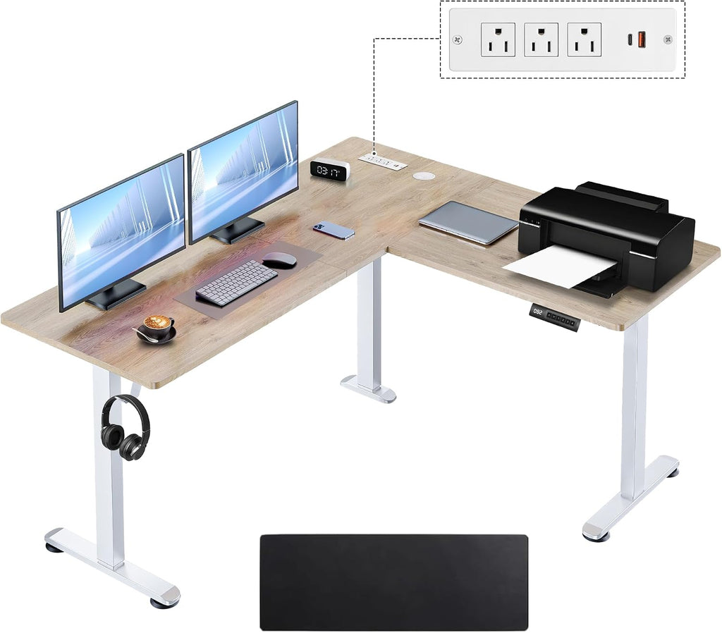63' L Shaped Standing Desk with Charging Station,Supports Left and Right Swapping,Electric Height Adjustable Corner Stand Up Desk.Free Hook, Lockable Wheels,Mouse Pad,Oak