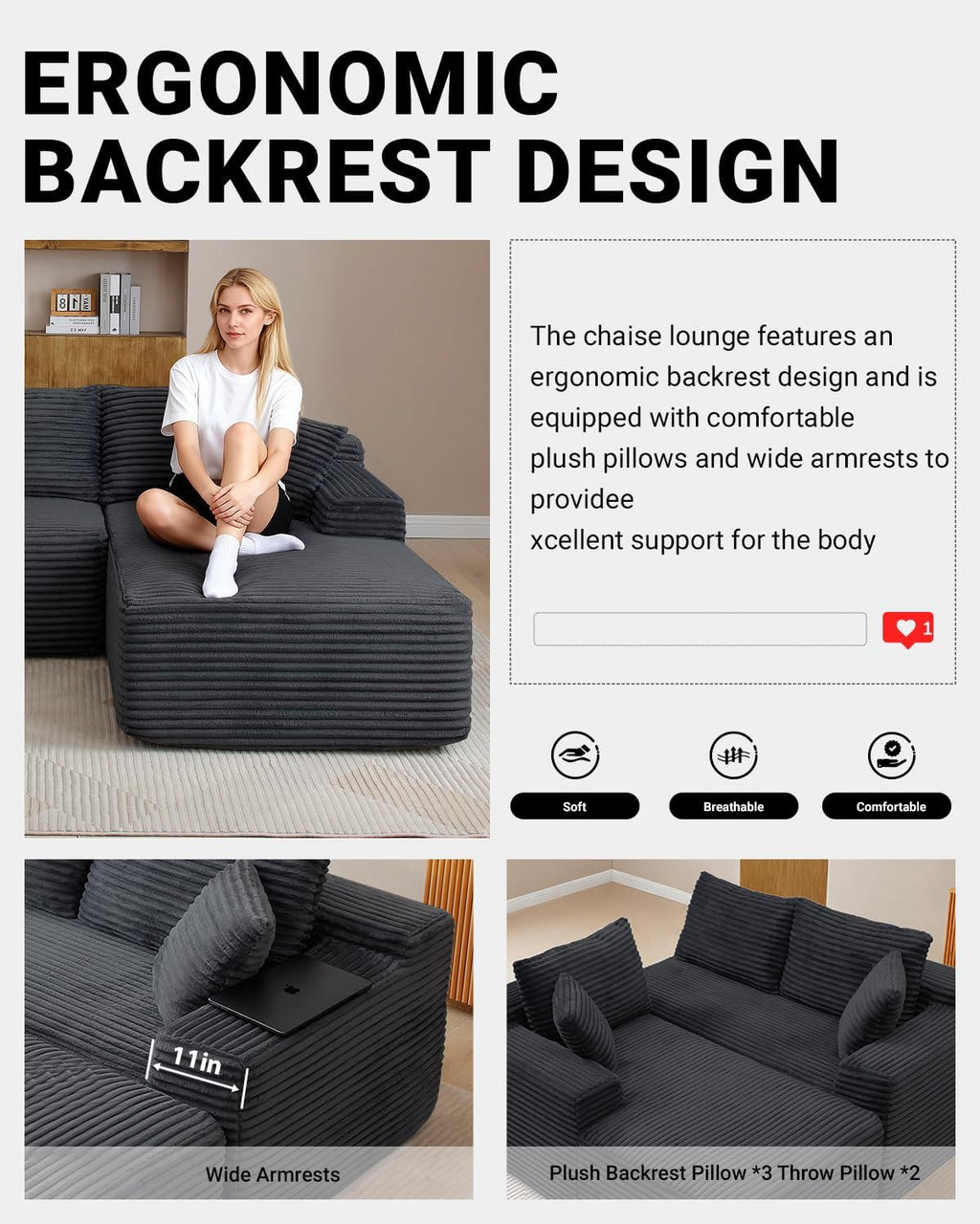 108' Cloud Sectional Couch,Modern Modular Sectional Sofa with Deep Seat,Corduroy Boneless Couches with L-Shape Chaise for Living Room,No Assembly Required (Black, Right Facing Chaise)