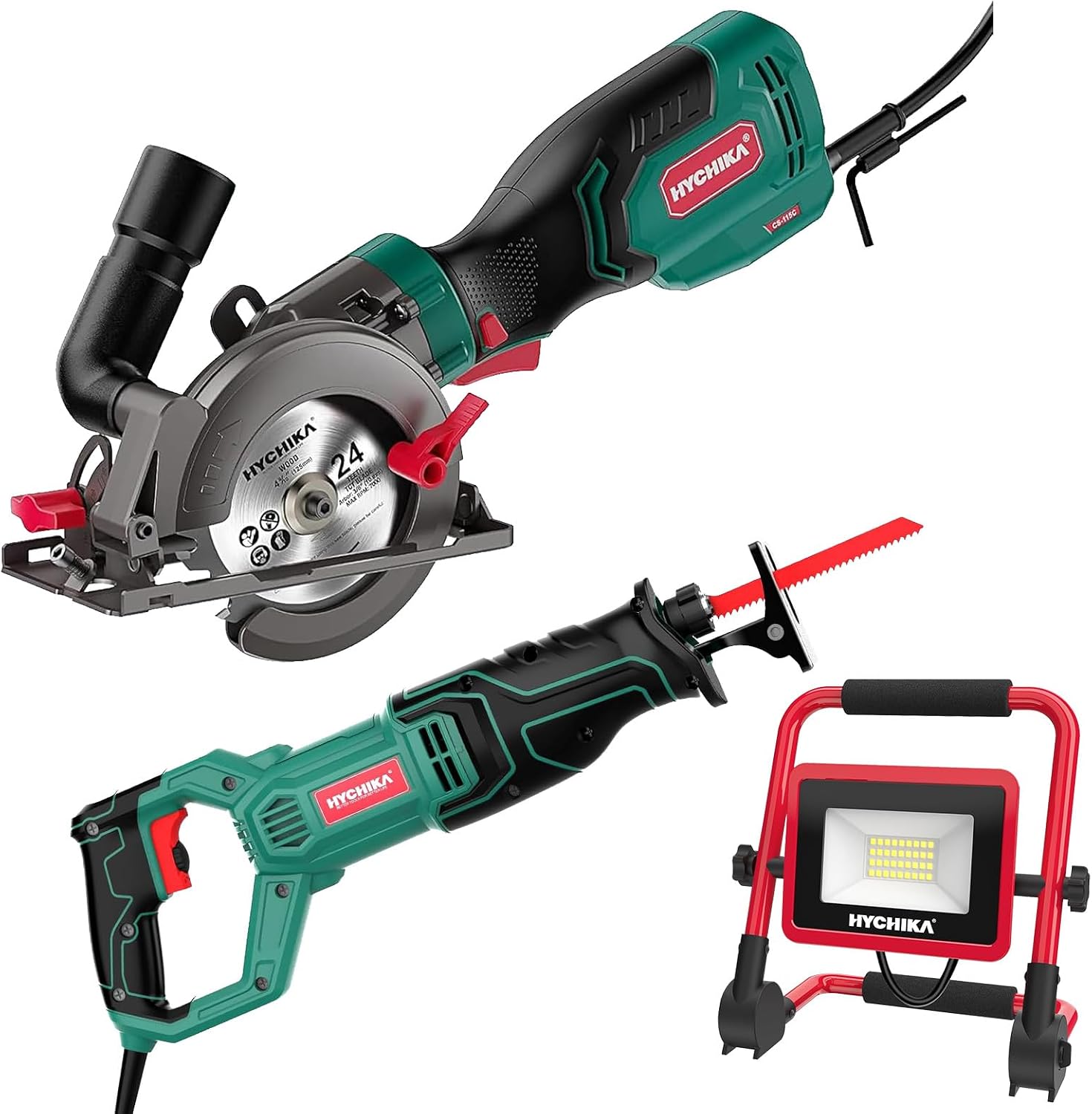 HYCHIKA 6.2A Mini Circular Saw with 3 Blades, Reciprocating Saw, 30W LED Work Light, 3-Tool Power Tool Set Combo Kit