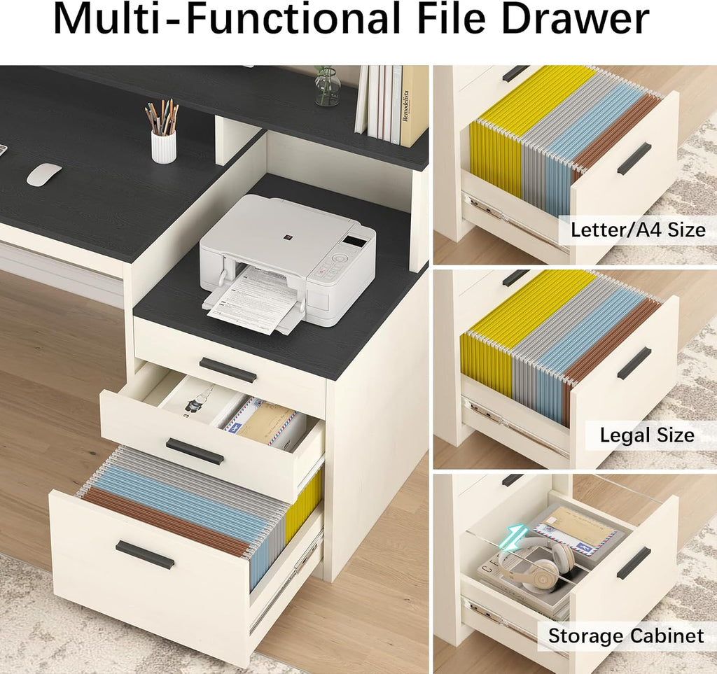 YOMILUVE 65 Inch Computer Desk with 3 Drawers & Storage Shelves, Executive Desk with File Drawer & Cabinet, Home Office Desk with Long Monitor Stand & Printer Shelf, Black & White