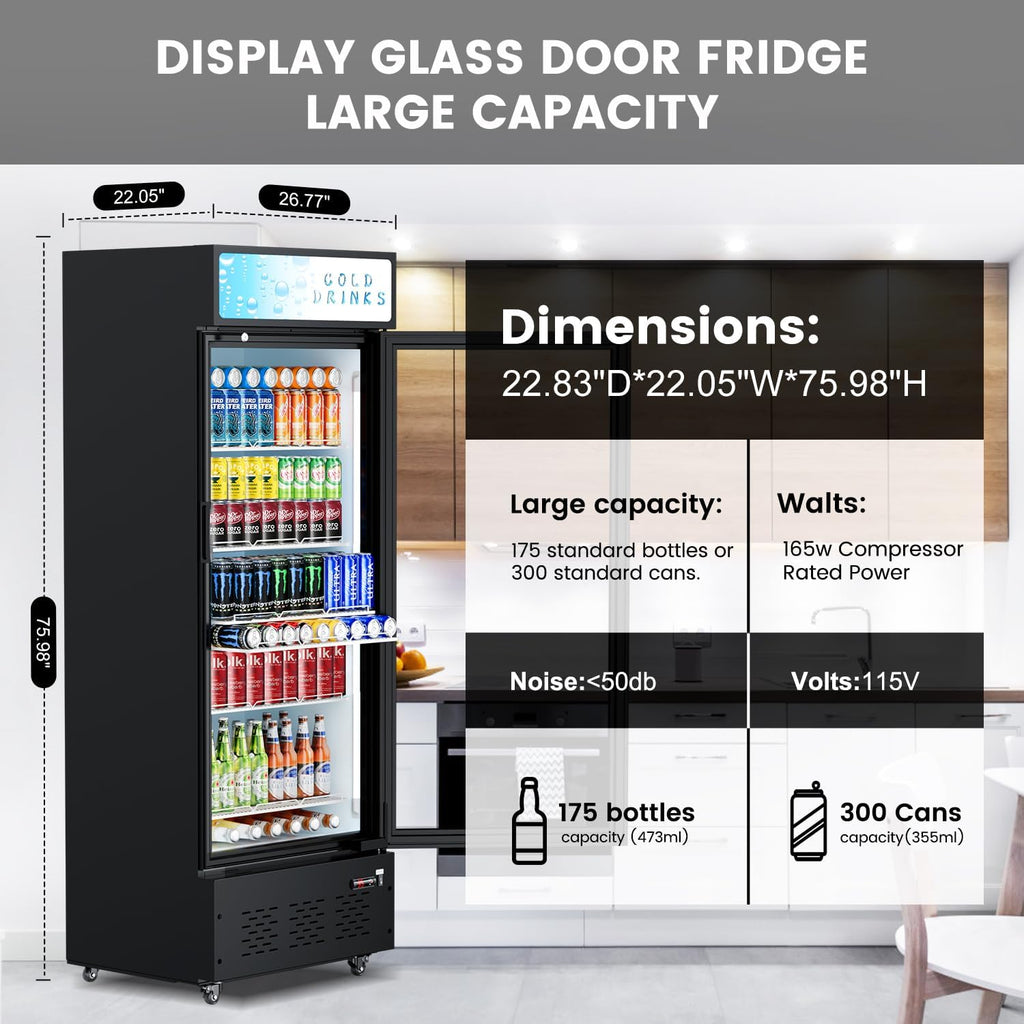 Commercial Beverage Refrigerator, 15 Cu.ft.Display Fridge Glass Door Upright Display Door with Adjustable Shelves LED Light for Restaurant,Grocery Stores,Office
