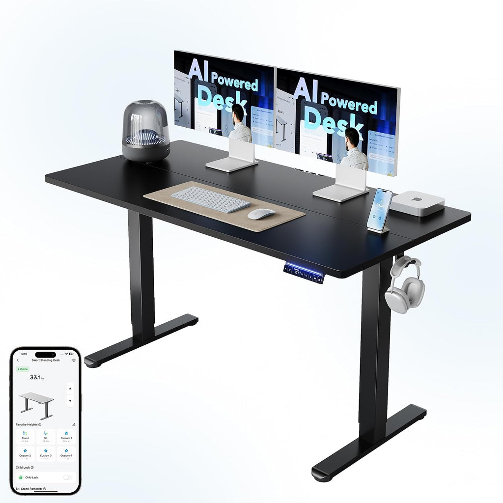 HUANUO 55' AI Smart Standing Desk with App-Synced Sedentary Reminders, Electric Height Adjustable Desk with Body-Data Ergonomic Presets, Voice Control Alexa/Google/Siri, 3 Memory Settings Table, Black