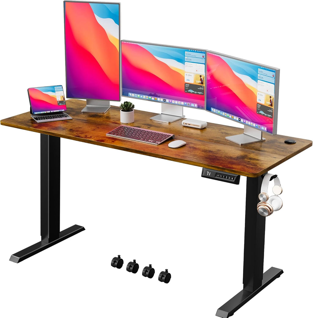 Shahoo Electric Standing Desk 60 Inch, Ergonomic Height Adjustable Table with T-Shaped Metal Bracket Modern Computer Workstations for Home Office, Rustic Brown, 60 x 24 Inch