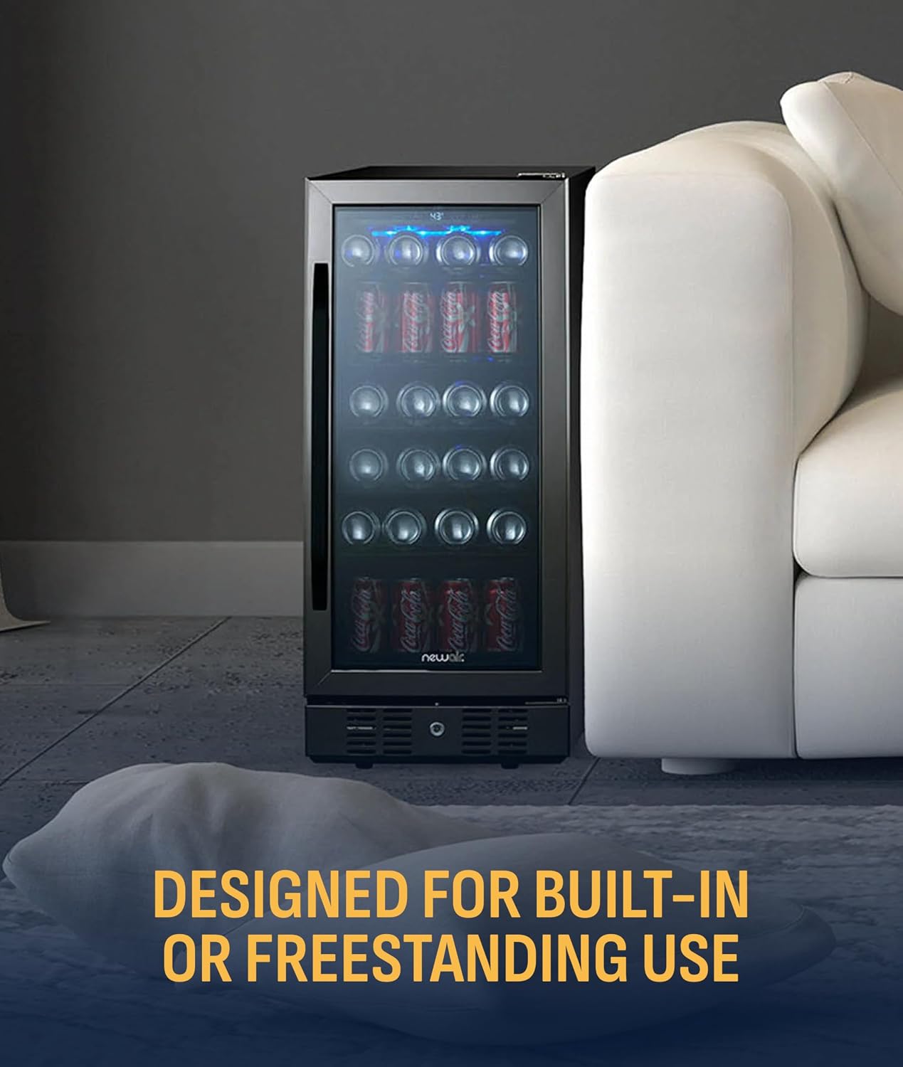 NewAir 96 Can Built-In Beverage Refrigerator | 15' Small Mini Fridge for Bedroom, Home Bar or Office | Quiet Cooling & Precise Temperature Control | Black Stainless Steel