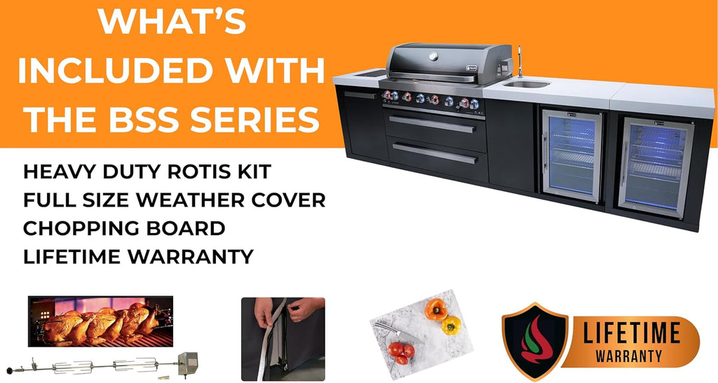 Mont Alpi Premium 157' Black Stainless Steel Outdoor Kitchen Island with Refrigerator + Beverage Center Faucet & Sink + 44'W 6-Burner BBQ Gas Grill + Granite Countertops + Storage Cabinets & Drawers