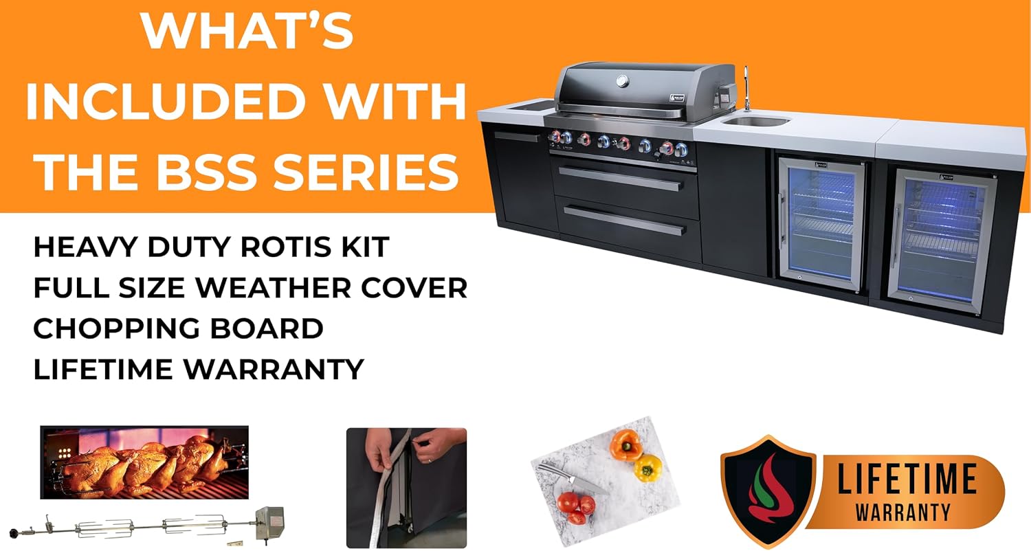 Mont Alpi Premium 157' Black Stainless Steel Outdoor Kitchen Island with Refrigerator + Beverage Center Faucet & Sink + 44'W 6-Burner BBQ Gas Grill + Granite Countertops + Storage Cabinets & Drawers