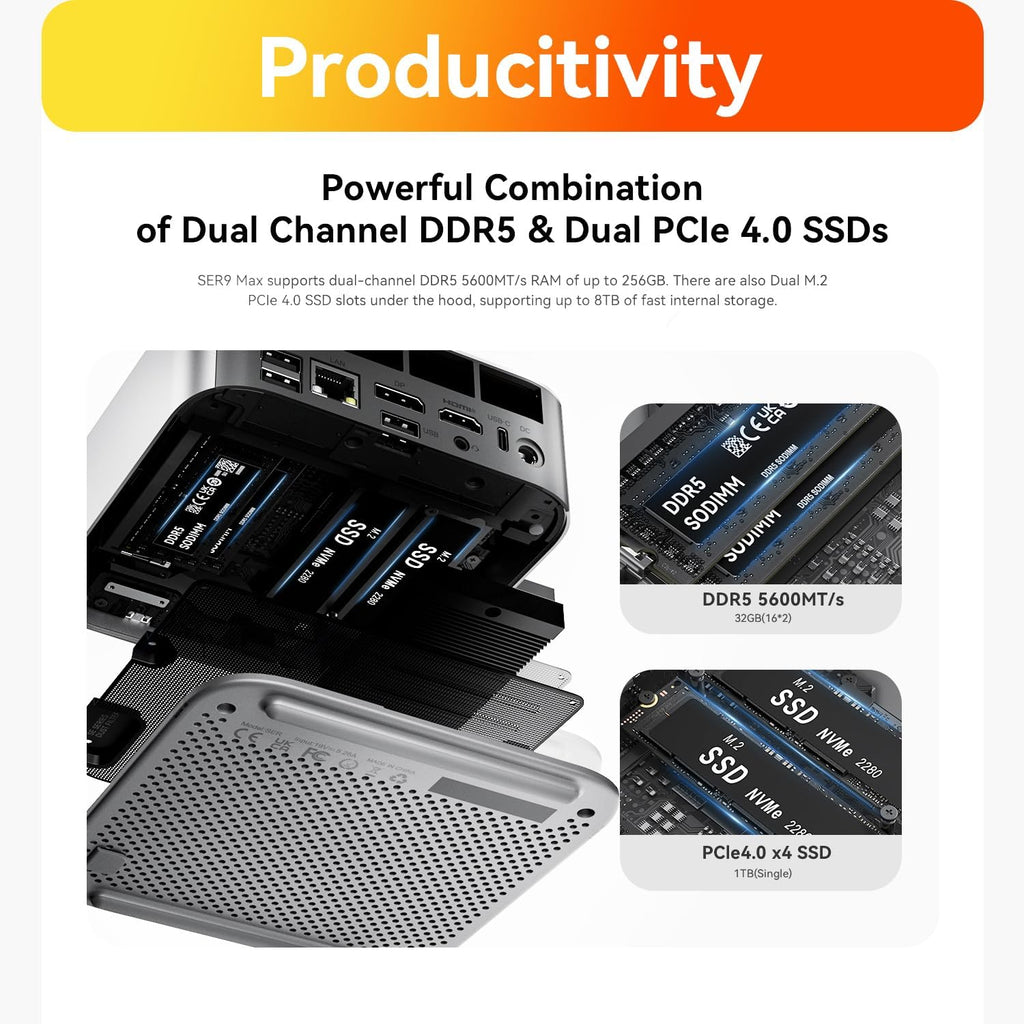 Beelink SER9 MAX Mini PC, AMD Ryzen 7 H 255(Up to 4.9GHz) 8C/16T, Mini Desktop Computer 64GB DDR5 RAM 1TB PCIe4.0 SSD, Small Gaming PC Support 4K@120Hz Output/BT5.2/WiFi 6 for Gaming/Office/Home
