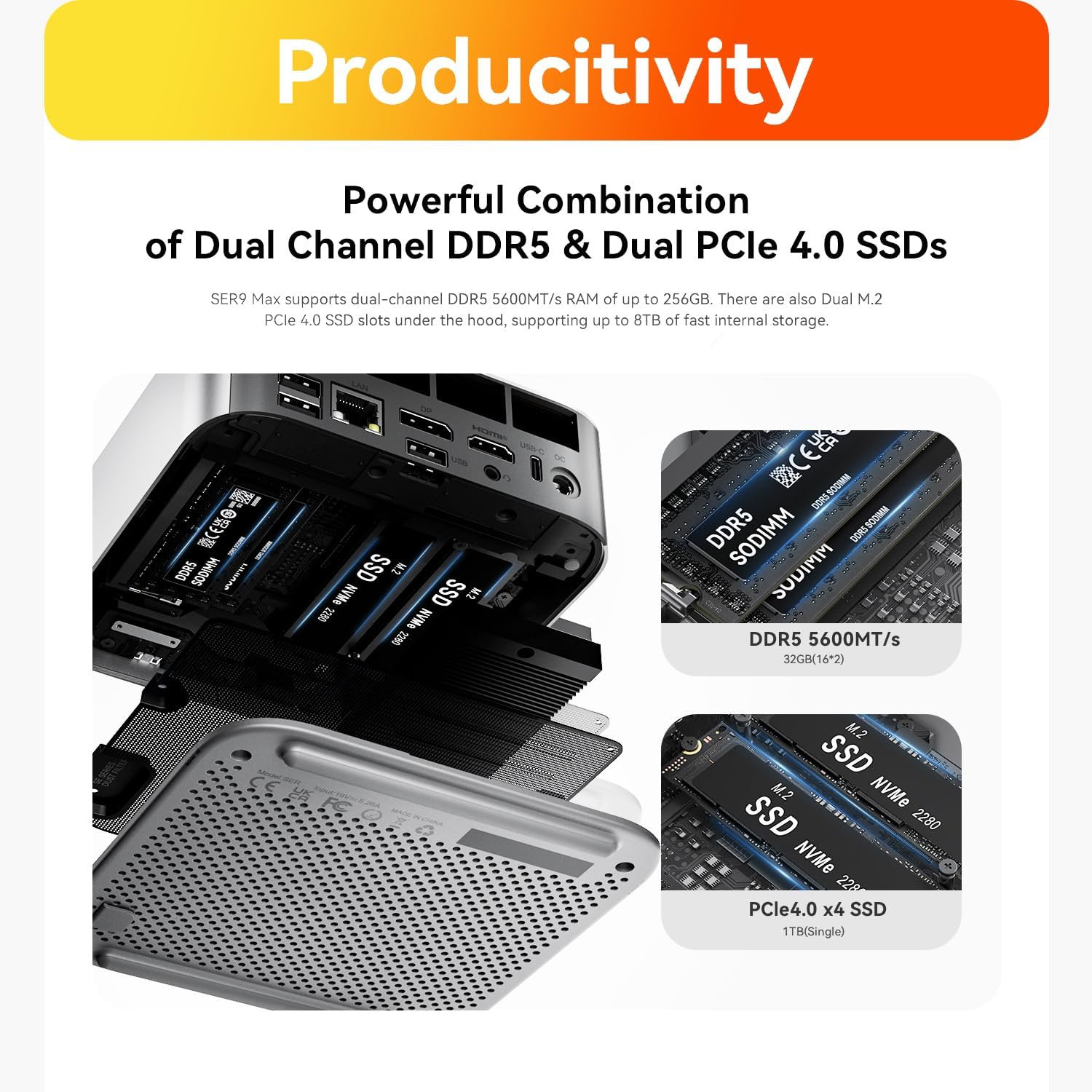 Beelink SER9 MAX Mini PC, AMD Ryzen 7 H 255(Up to 4.9GHz) 8C/16T, Mini Desktop Computer 64GB DDR5 RAM 1TB PCIe4.0 SSD, Small Gaming PC Support 4K@120Hz Output/BT5.2/WiFi 6 for Gaming/Office/Home