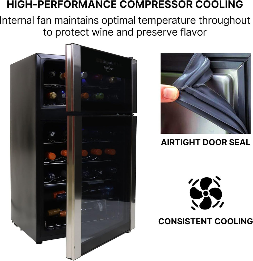 Koolatron 29 Bottle Dual Zone Wine Cooler, Black, 3 cu ft (86L) Compressor Wine Fridge, Freestanding Wine Cellar, Red, White, Sparkling Wine Storage in Home Bar, Kitchen, Apartment, Condo
