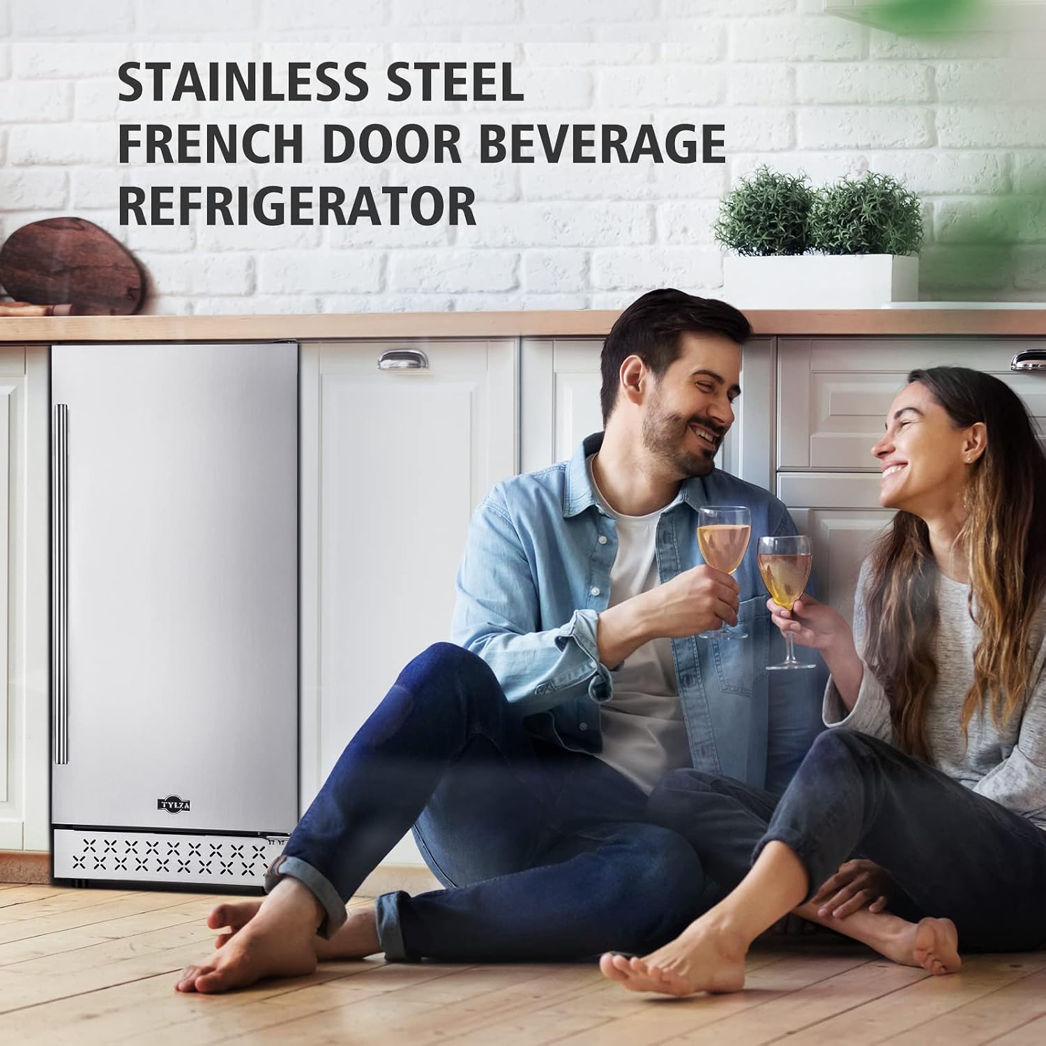 Tylza 15'' Outdoor Beverage Refrigerator, 130 Cans Beverage Fridge, Undercounter or Freestanding, Frost-Free, Removable Metal Shelves, Stainless Steel French Door, Beverage Cooler for Beer, Wine, Soda