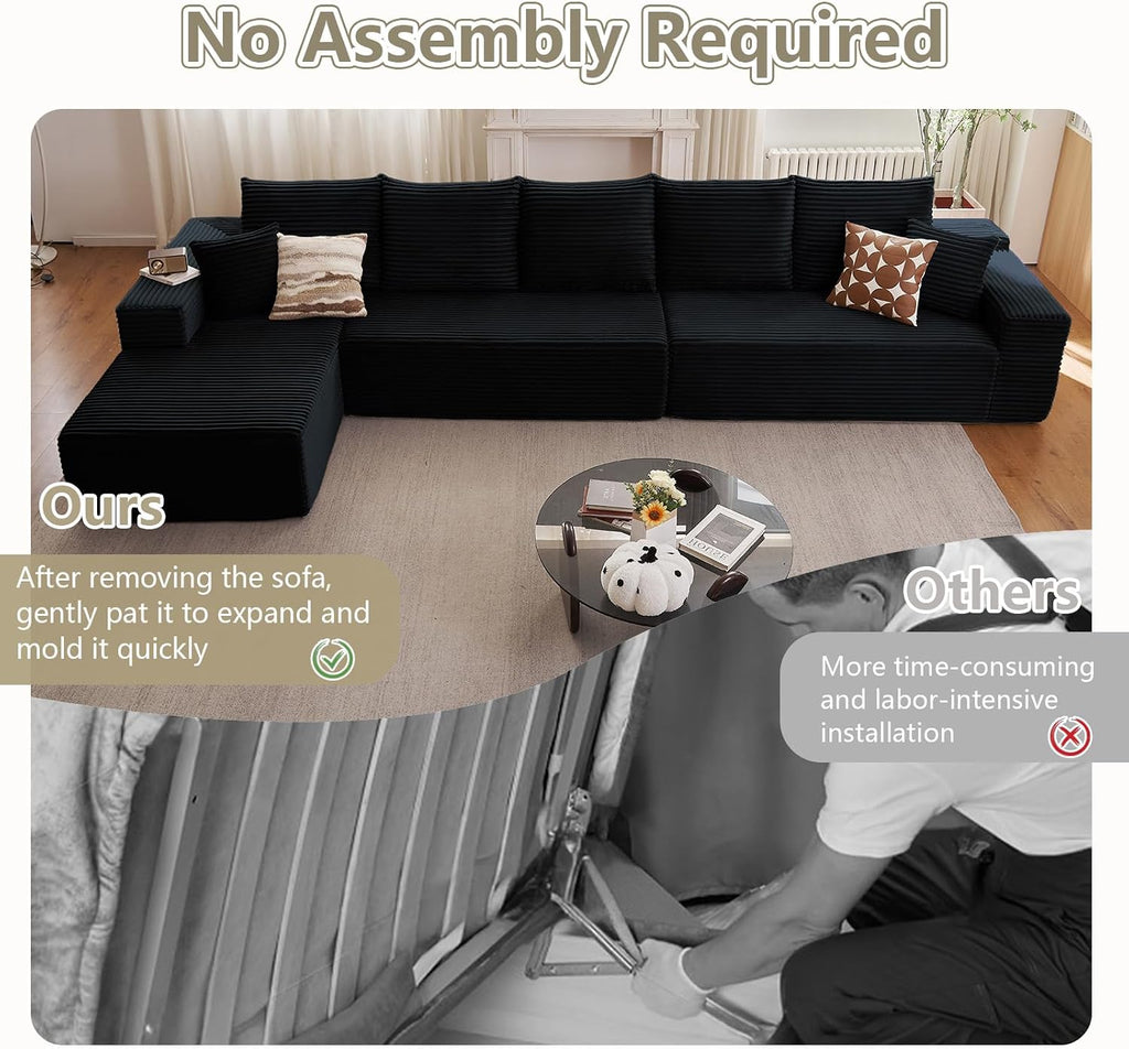 166.9' Cloud Sectional Couch with L-Shape Chaise, Modern Modular Comfy Sofa Chaise Longue, Upholstered Corduroy Couches Sleeper with Deep Seat for Living Room Bedroom, No Assembly Required, Black