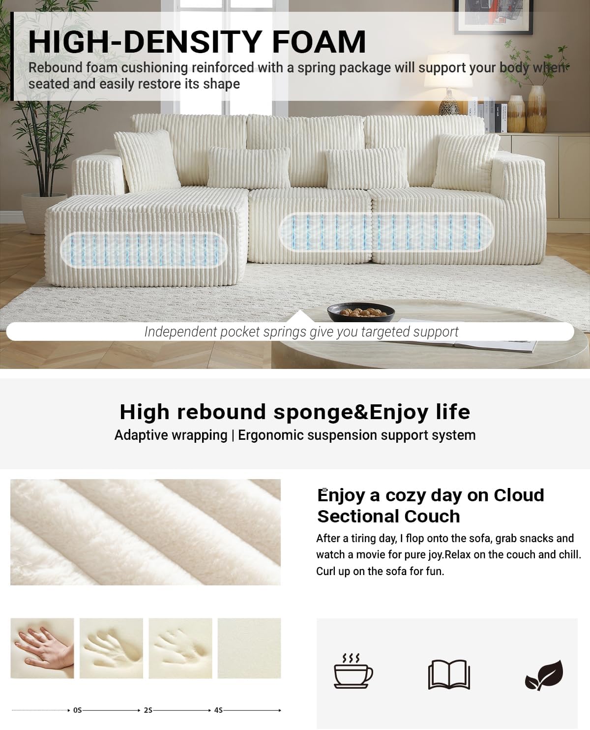 110' Cloud Sectional Couch, Modular Sectional Sofa with Deep Seat, Corduroy Upholstered Boneless Couch for Living Room Bedroom, Left Facing Chaise (Beige, 110' Right Facing Chaise)