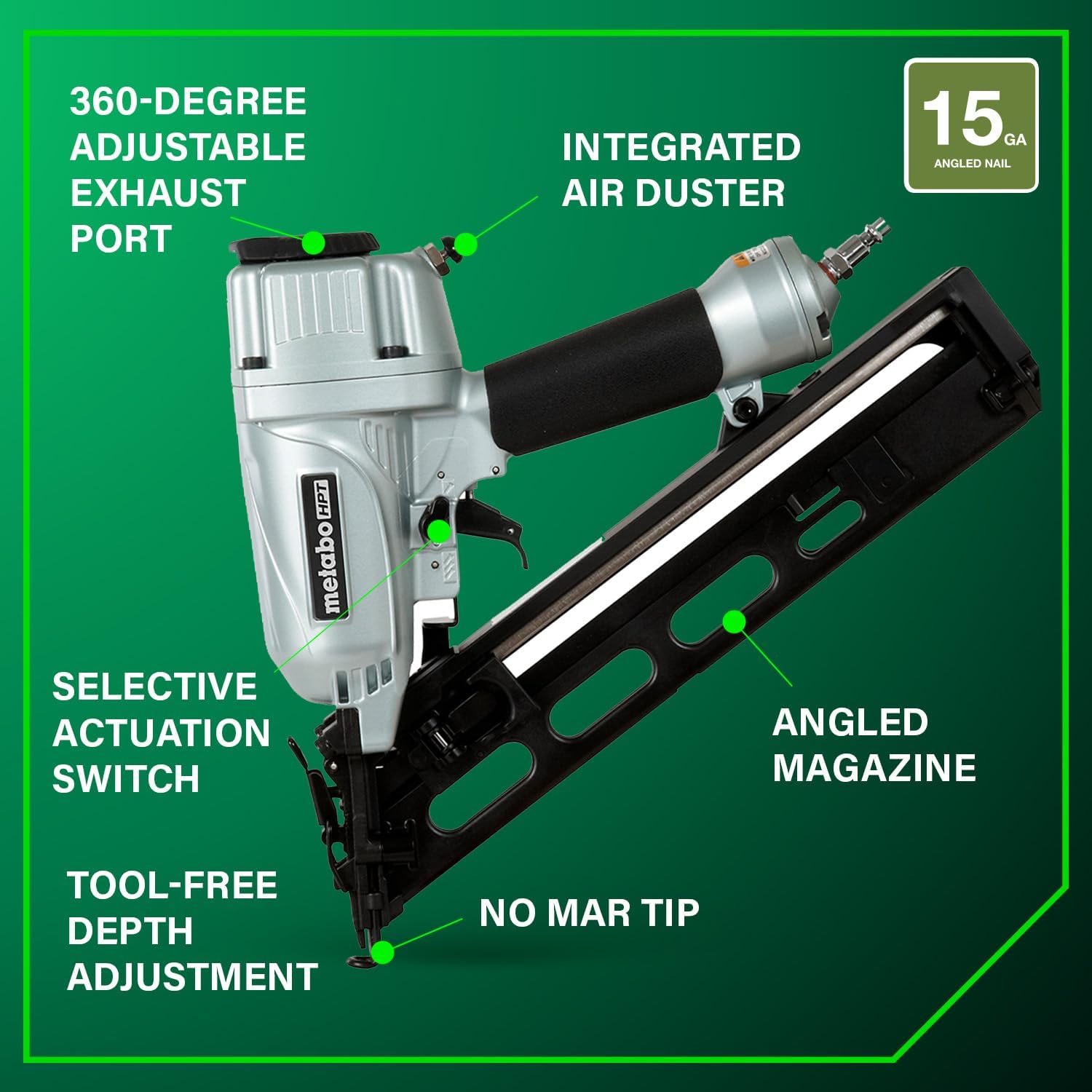 Metabo HPT Finish Nailer with Air Duster, Pro-Preferred Pneumatic Power Nailer for Crown Moldings, Base Moldings, and More, Selective Actuation, 15 Gauge Angled, 1-1/4″ to 2-1/2″ Finish Nails, NT65MA4