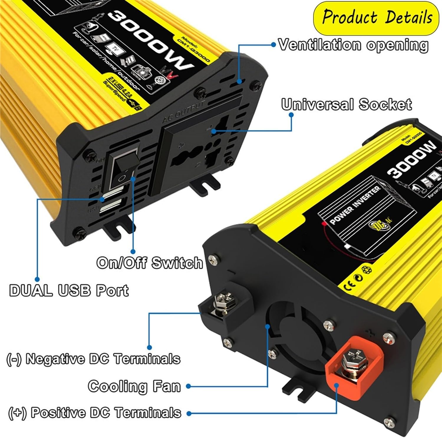 3000 Watt Solar Panel Controller and Inverter Solar Panel Kits with Adjustable Solar Panels Home Solar System Kits Fast Charge Complete Solar Panel Kits for RVs(Yellow,12V-220V)