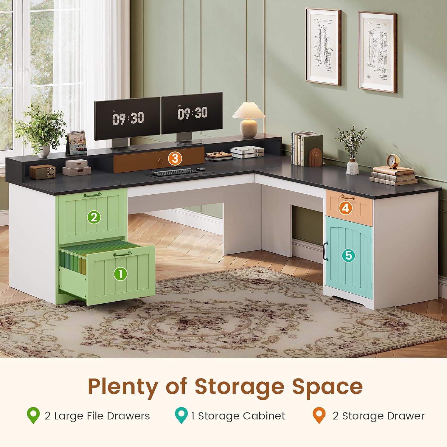 SEDETA 63' L Shaped Desk with Drawers, Farmhouse Office Desk with File Drawers, Wood Corner Computer Desk with Storage, Home Office Desk with Monitor Stand and Storage Cabinet, Black and White