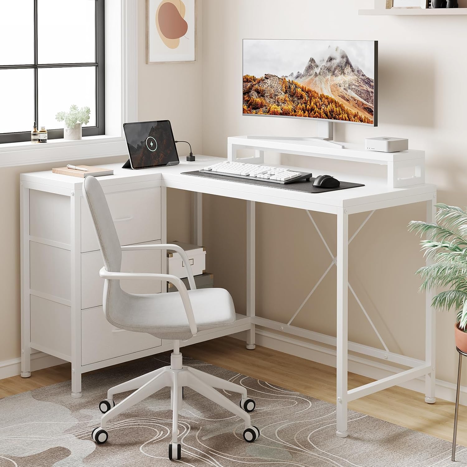 L Shaped Office Desk with Power Outlets, Computer Desk with Drawers, Shelves, for Gaming, Corner Work, Home Office, Study