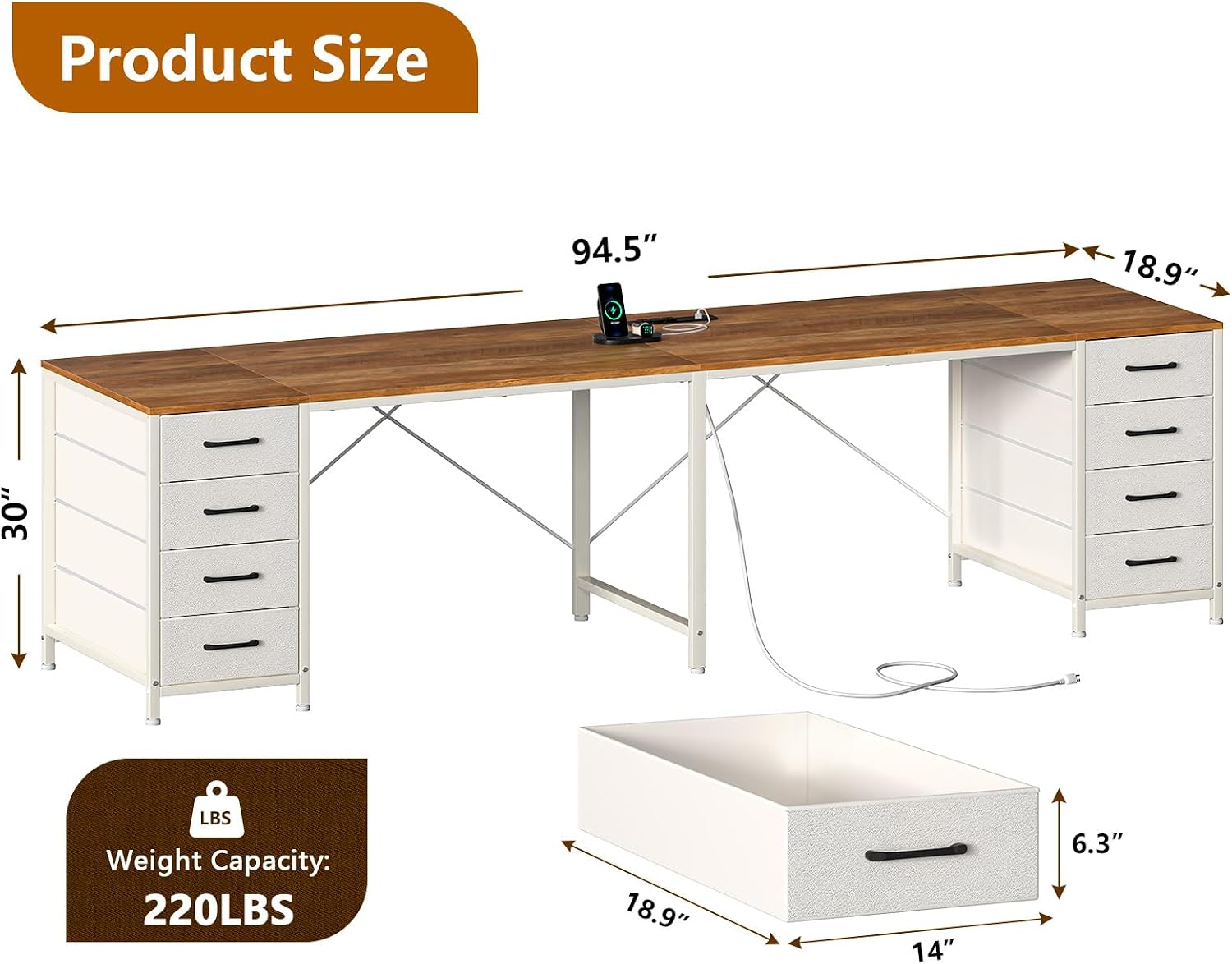 TVU 95' 2 Person Desk with 8 Fabric Drawers, Long Computer Desk Home Office Desk with Storage, Two Person Double Desks with Power Outlets, Brown and White