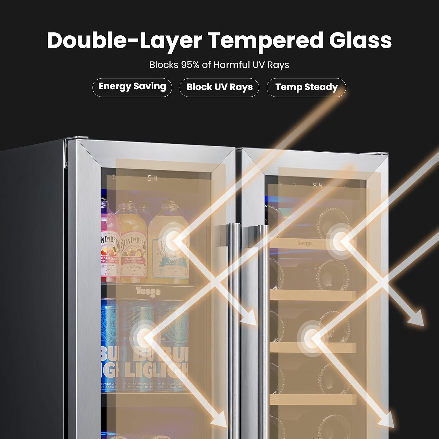 Yeego Wine and Beverage Refrigerator, 24 Inch Dual Zone Wine Fridge with Glass Door, 36-72℉ Beer Cooler Holds 20 Bottles and 60 Cans, Built-In or Freestanding Beverage Cooler for Home Bar Office