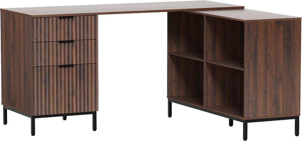 60' L Shaped Fluted Desk, Computer Desk with Movable Storage Cabinet Home Office Desk with 3 Drawers Metal Legs Corner Desk for Gaming Study, Brown