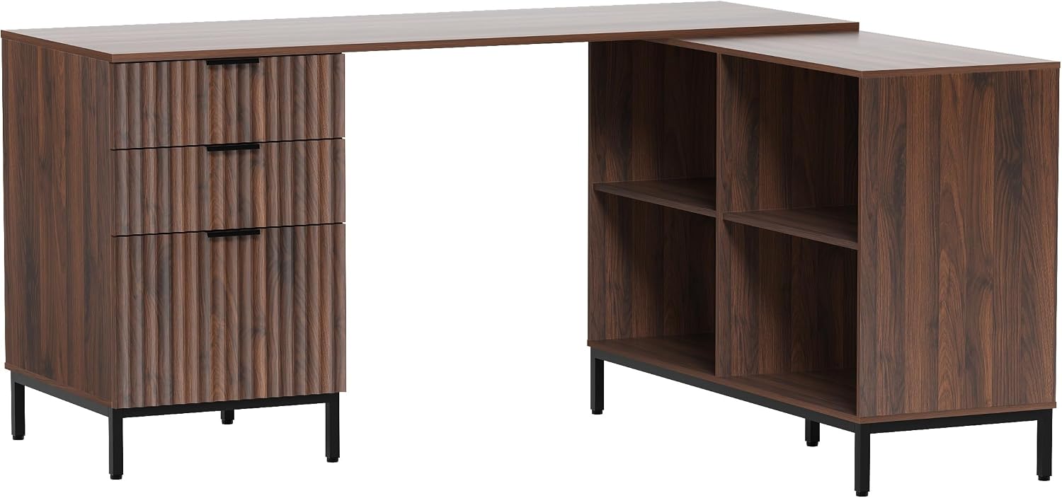 60' L Shaped Fluted Desk, Computer Desk with Movable Storage Cabinet Home Office Desk with 3 Drawers Metal Legs Corner Desk for Gaming Study, Brown