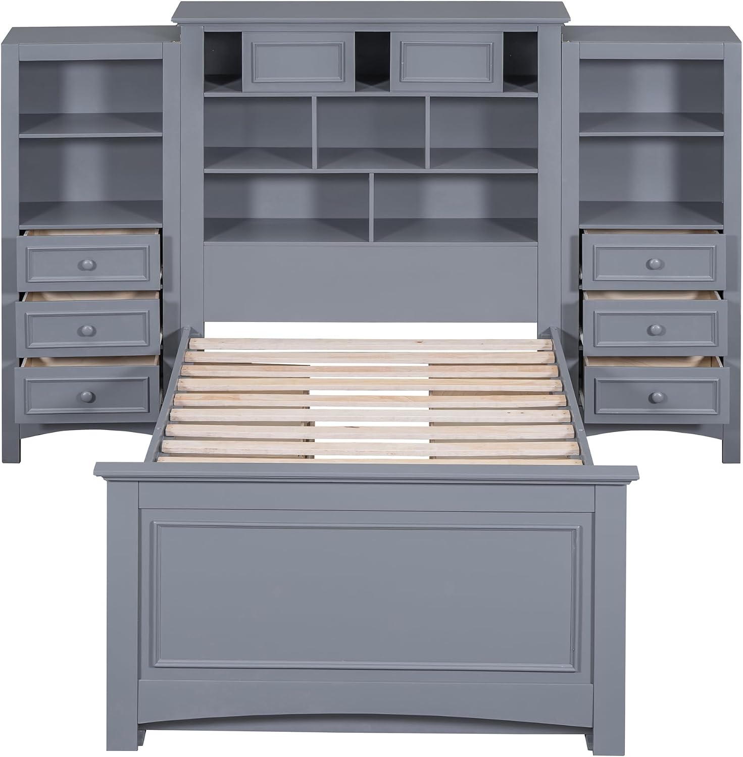 DNYN Twin Size Platform Bed with Storage Drawers(4+6) & Cabinet Headboard for Kids Bedroom,Solid Wood Bedframe w/Wood Slat Support,Super Save Space & No Box Spring Needed, Gray