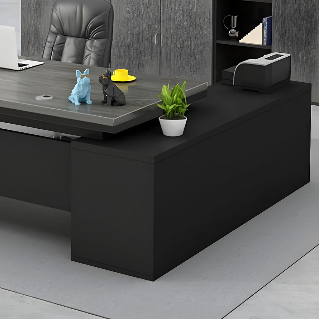 Office Computer Desk L-Shape Executive with Wood Base - Boss Table Computer Desk, Home Office Furniture Set with Drawers and Storage Shelves, U Shaped (Black, 71' L x 32' W x 30' H