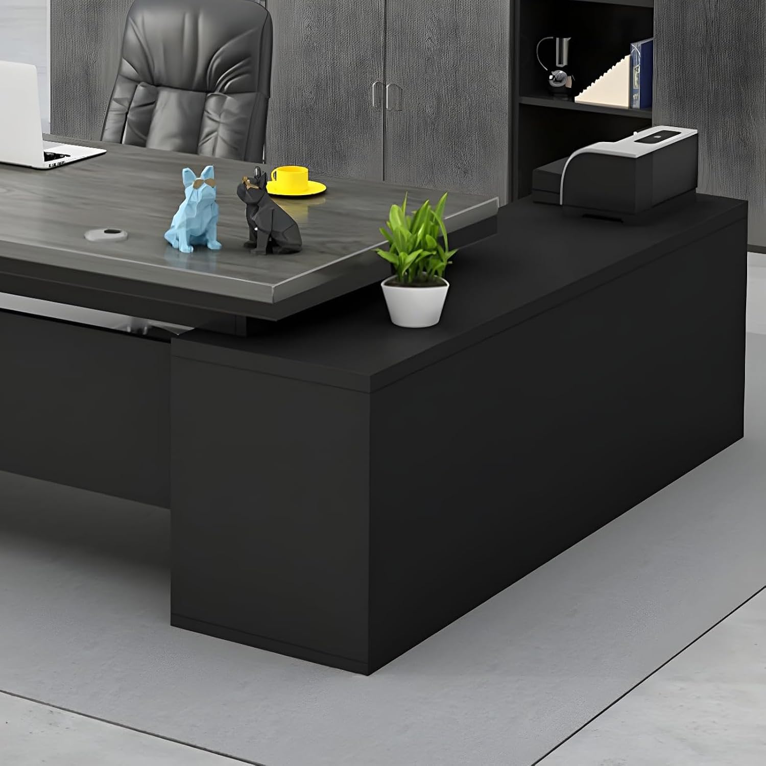 Office Computer Desk L-Shape with Wood Base - Executive U Shaped Desk, Home Office Furniture with Drawers and Storage Shelves (Black, 63' L x 24' W x 30' H)