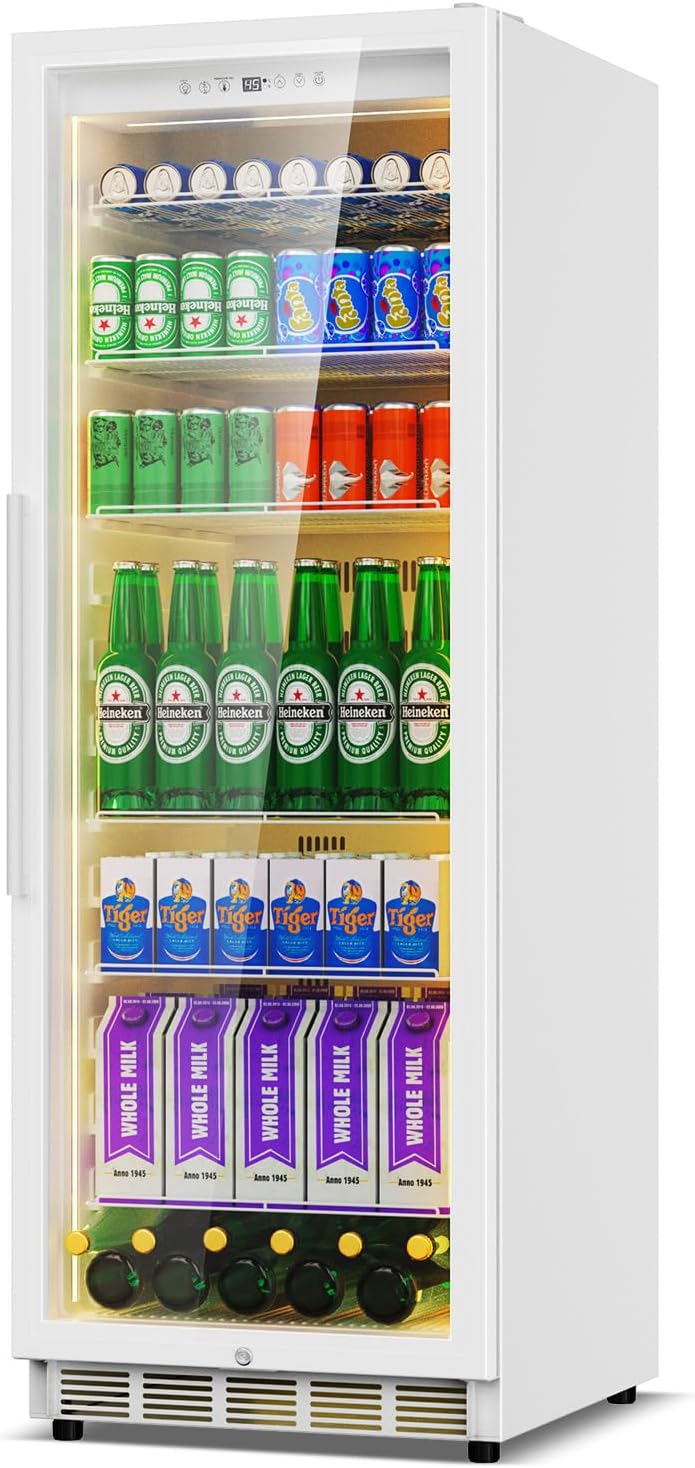 Velivi Commercial Display Beverage Fridge: 13.8 Cu Ft Upright Cooler with Glass Door, LED Lighting, Low Noise, and Rapid Cooling for Restaurants, Shops, and Offices (White)