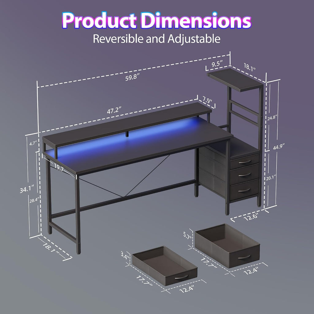 Mericonia Gaming Desk with Power Outlets & LED Lights, Reversible Computer Desk with PC Case Stand, Fabric Drawers, Modern Office Desk with Shelves, Monitor Stand