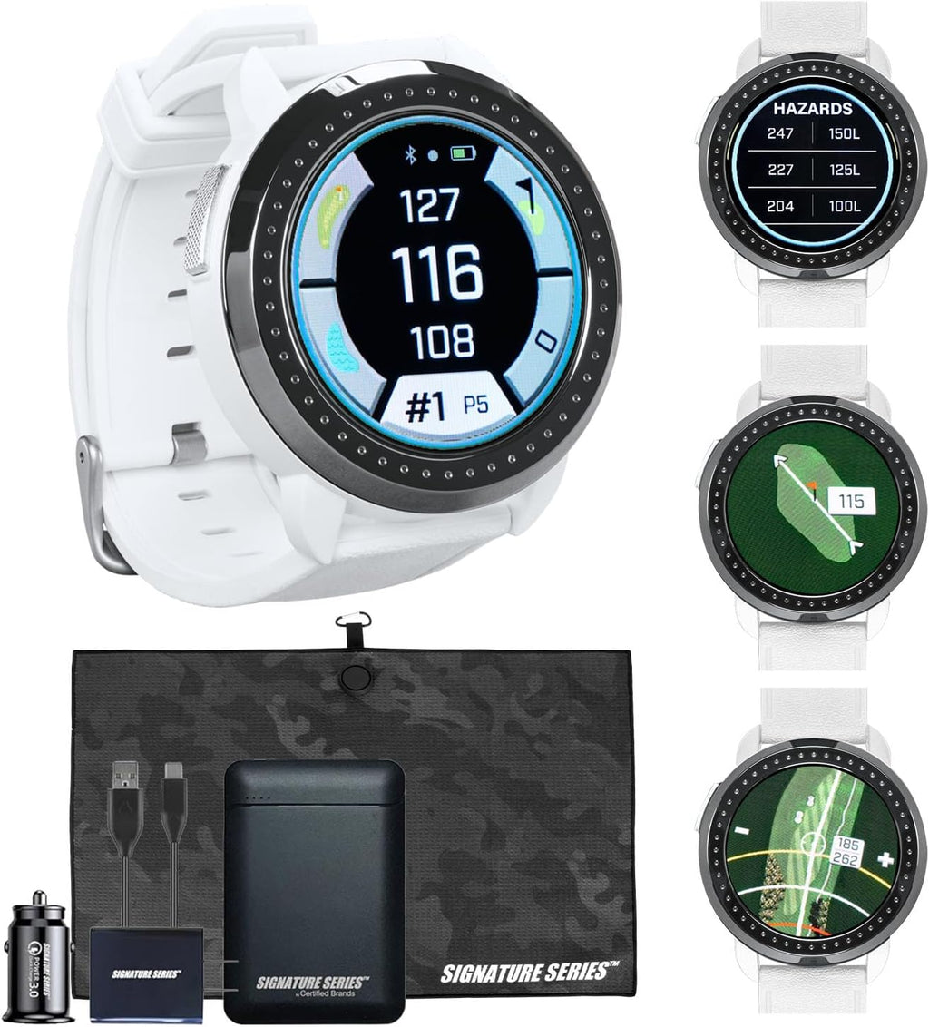 Bushnell Golf iON Elite GPS Smartwatch (White) | 38,000 Courses, Slope Compensation, Hazard Info, Color Touchscreen, Distance Calculator, Magnet Mount, Scorekeeping | Signature Series Power Bundle