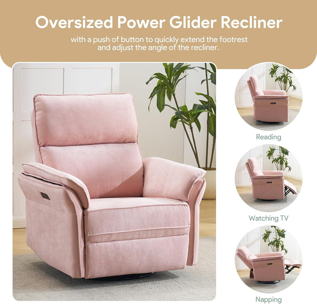Oversized Rocking Chair Nursery with Massage and Heat, Glider Recliner Nursery Chair with Adjustable Headrest, Power Swivel Rocker Recliner Chair with USB Port, Pink
