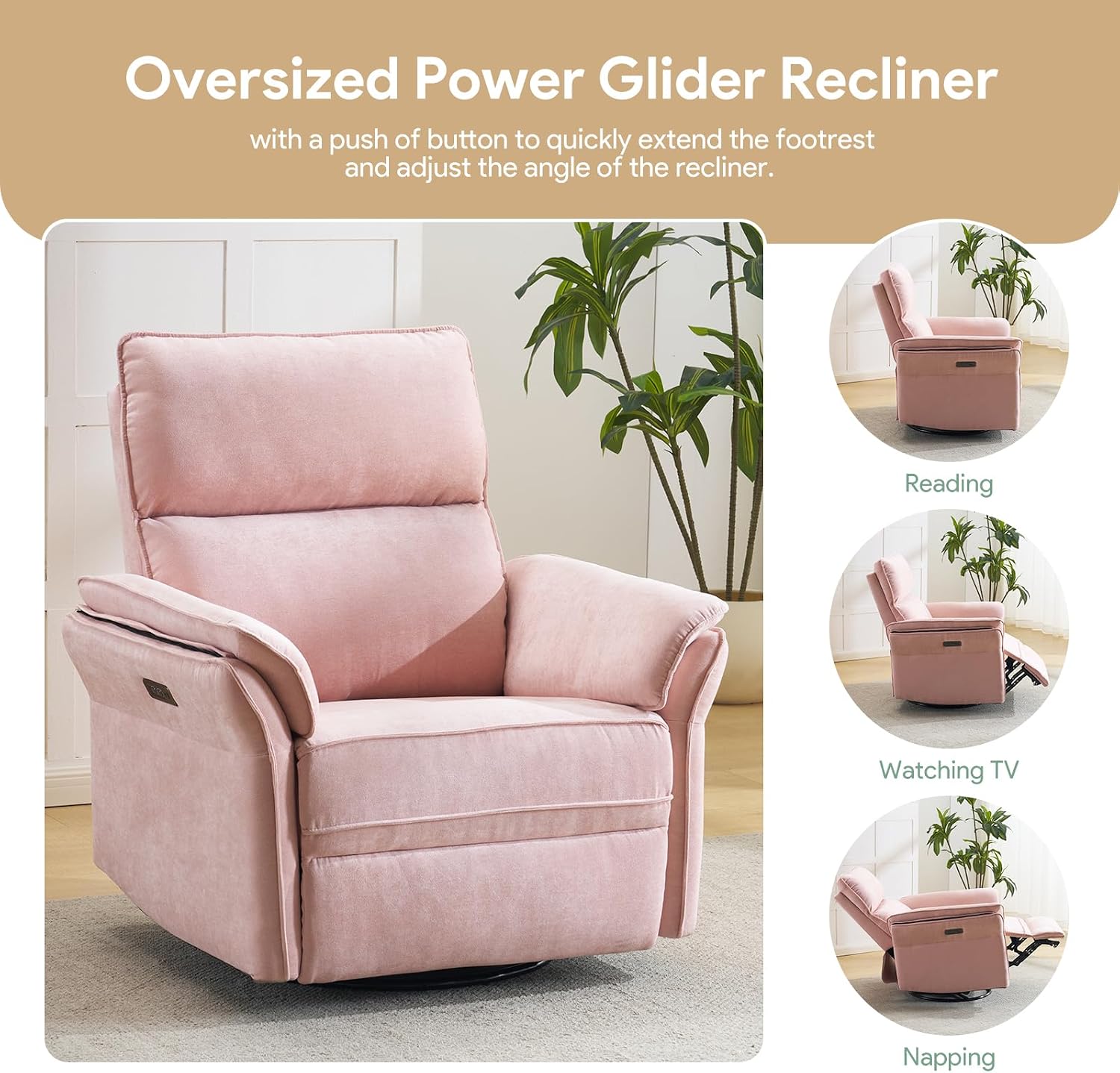 Power Nursery Rocking Chair with Massage and Heat,Swivel Rocker Recliner with Adjustable Headrest,Glider Recliner Nursery Chair for Breastfeeding,Nursery Rocker Recliner for Living Room,Pink