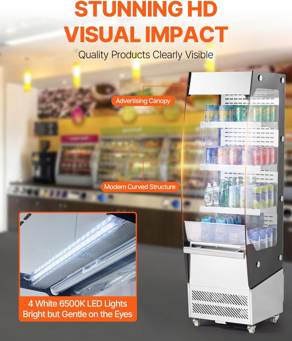 VEVOR Open Air Merchandiser, 3-Tier Shelving Commercial Refrigerator, Grab and Go Display Cooler Refrigerator with Air Curtain, 4 Swivel Wheels, LED Light, for Restaurants, Stores, Office, 7.8cu.ft.