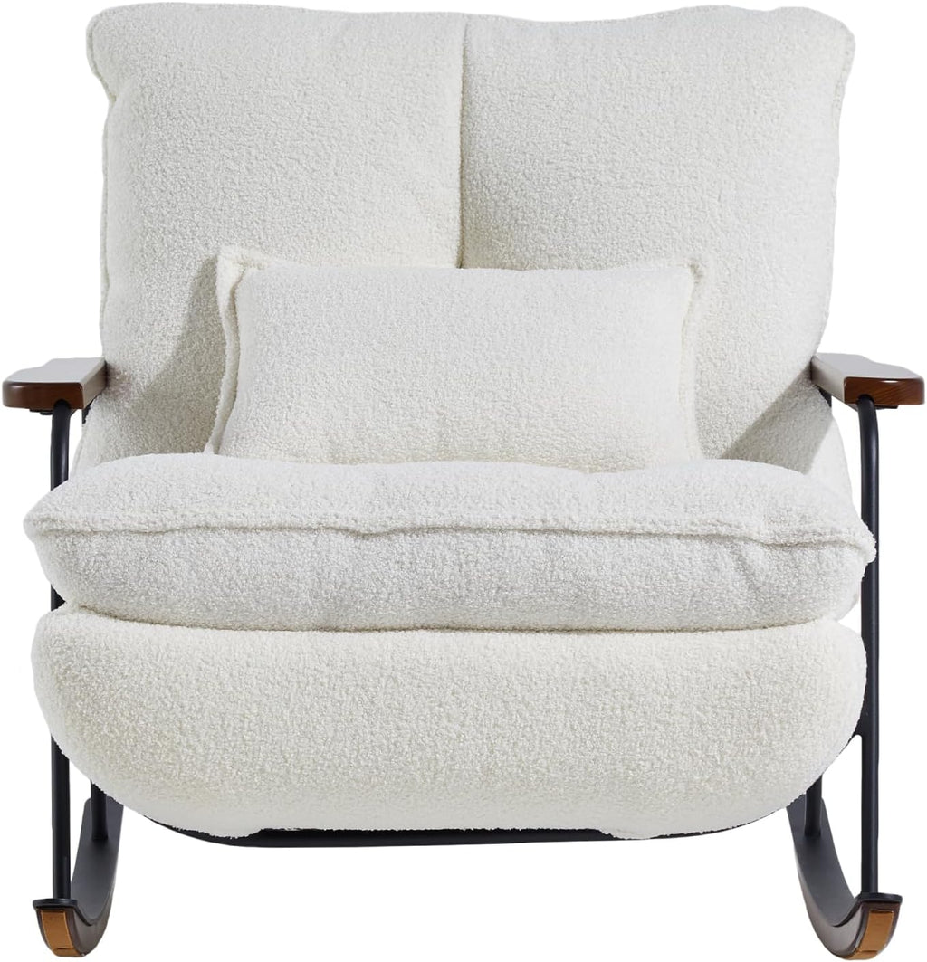 zyz Nursery Rocking Chair with Pillow, Teddy Upholstered Oversized Accent Chair Rocker Recliner, Solid Wood Frame, DIY Ottoman Footrest, Lazy Sofa for Living Room Bedroom (Teddy, White)