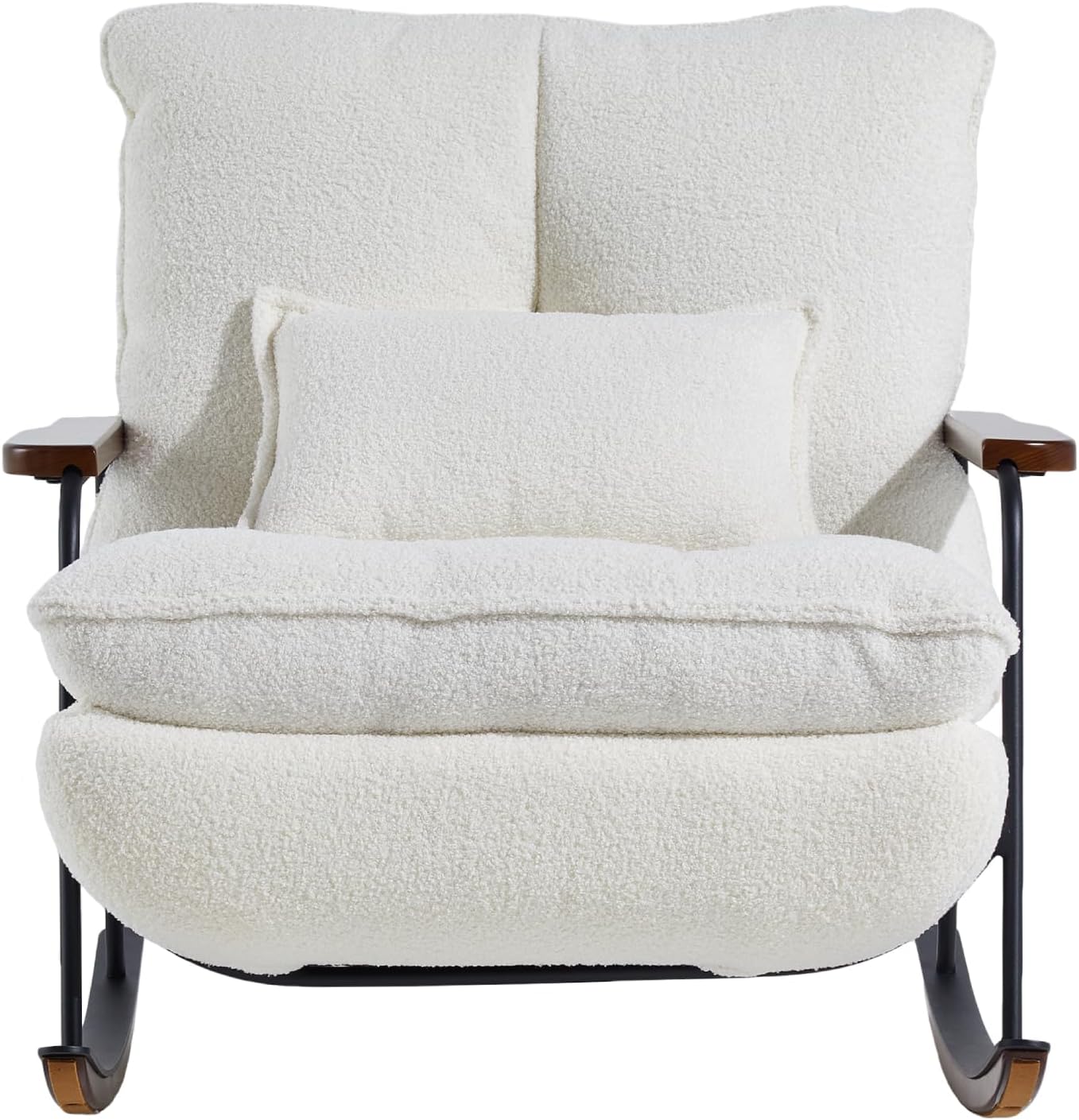 zyz Nursery Rocking Chair with Pillow, Teddy Upholstered Oversized Accent Chair Rocker Recliner, Solid Wood Frame, DIY Ottoman Footrest, Lazy Sofa for Living Room Bedroom (Teddy, White)