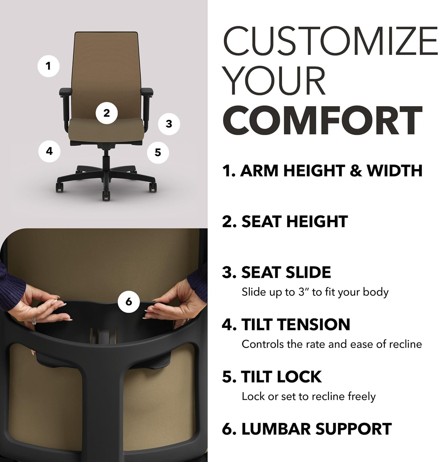 HON Ignition 2.0 Mid‑Back Ergonomic Office Chair, Mesh Task Seating with Lumbar Support, Advanced Synchro‑Tilt, Height and Width Adjustable Arms, Black Frame, Quicksand