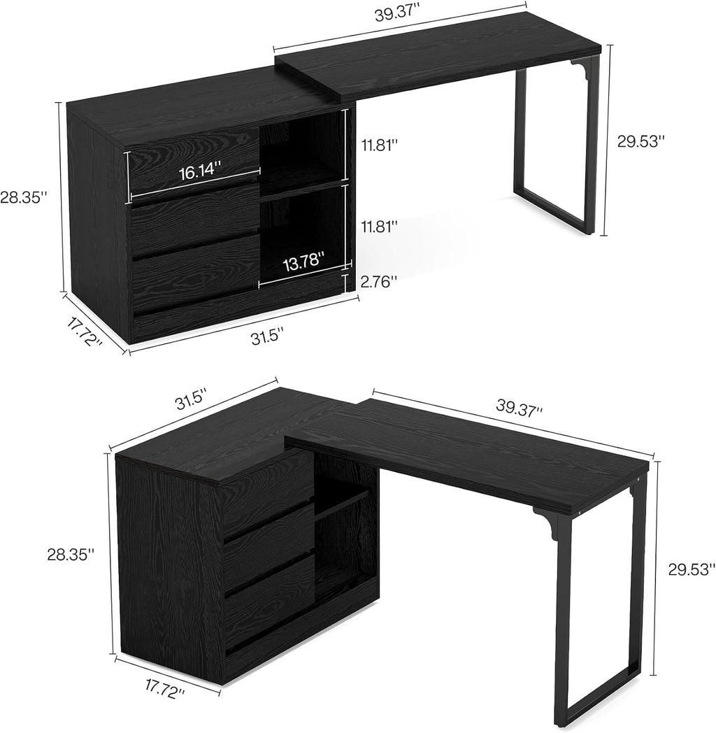 Tribesigns L-Shaped Computer Desk with Drawers and Shelves, Reversible Corner Office Desk with Storage Cabinet, Modern Study Writing Table for Home Office, Bedroom (Black)